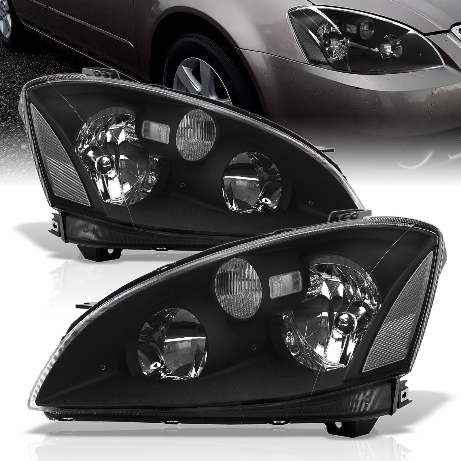 Nissan Altima 2002-2004 Factory Style Headlights Black Housing Clear Len Clear Reflector (Halogen Models Only) - Parts Agent
