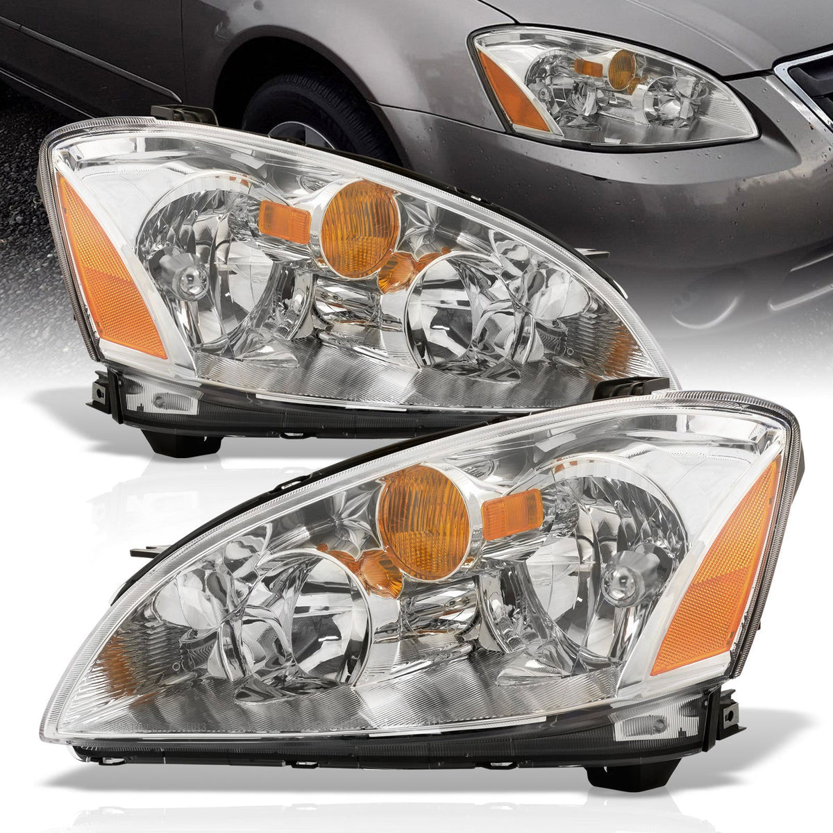 Nissan Altima 2002-2004 Factory Style Headlights Chrome Housing Clear Len Amber Reflector (Halogen Models Only) - Parts Agent