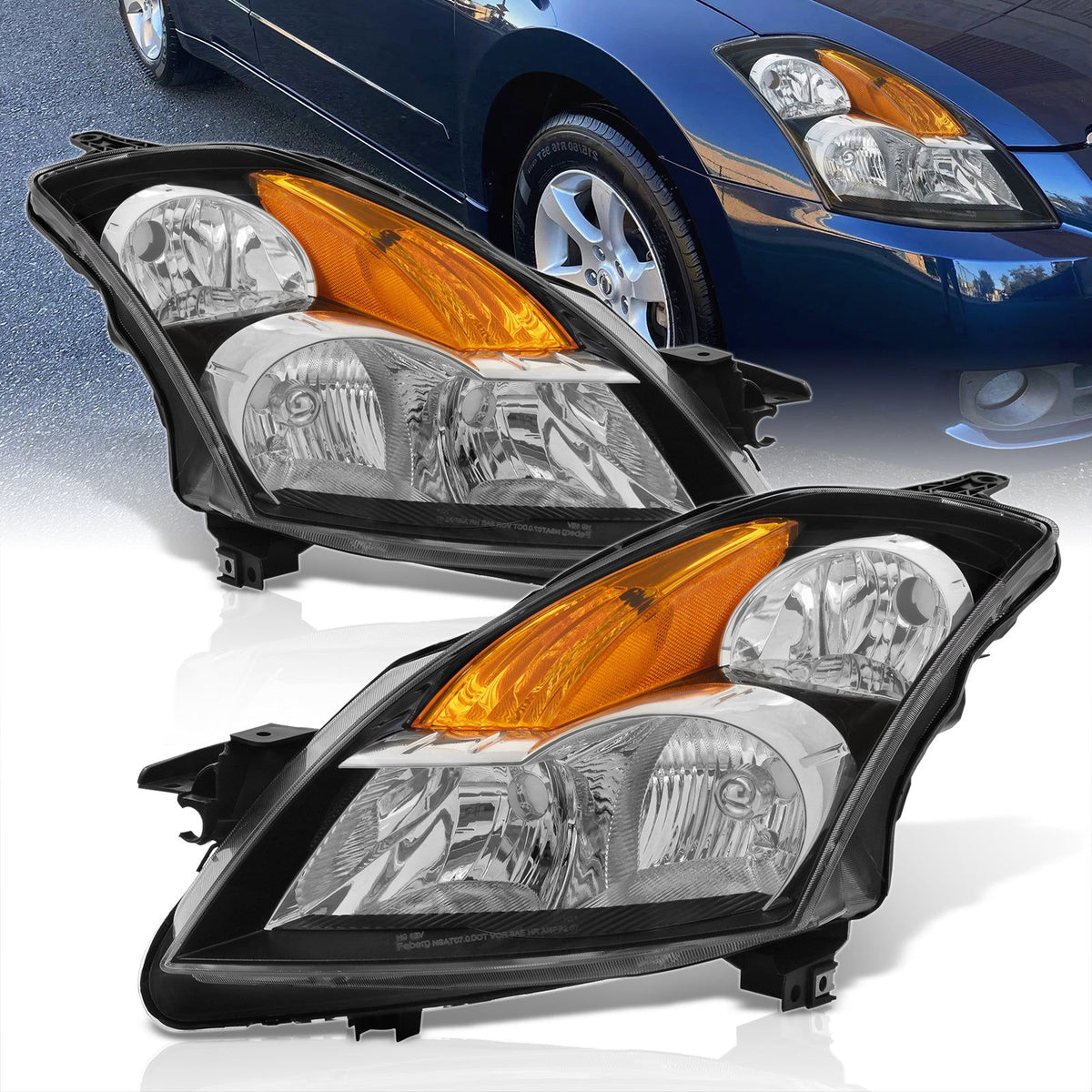 Nissan Altima Sedan 2007-2009 Factory Style Headlights Black Housing Clear Len Amber Reflector (Halogen Models Only) - Parts Agent