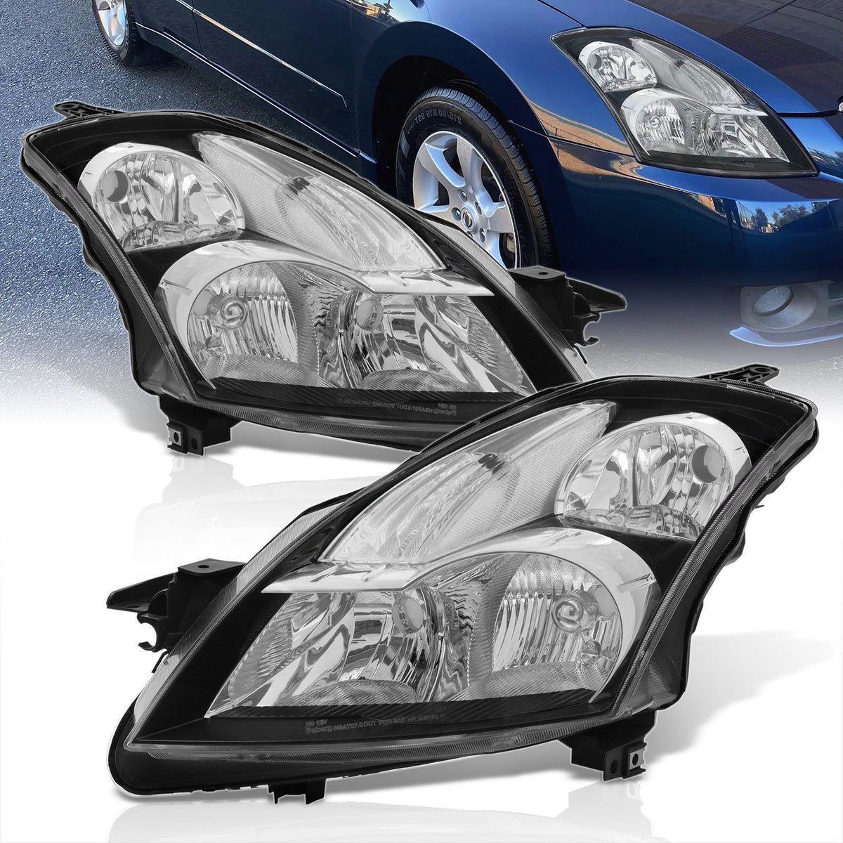 Nissan Altima Sedan 2007-2009 Factory Style Headlights Black Housing Clear Len Clear Reflector (Halogen Models Only) - Parts Agent
