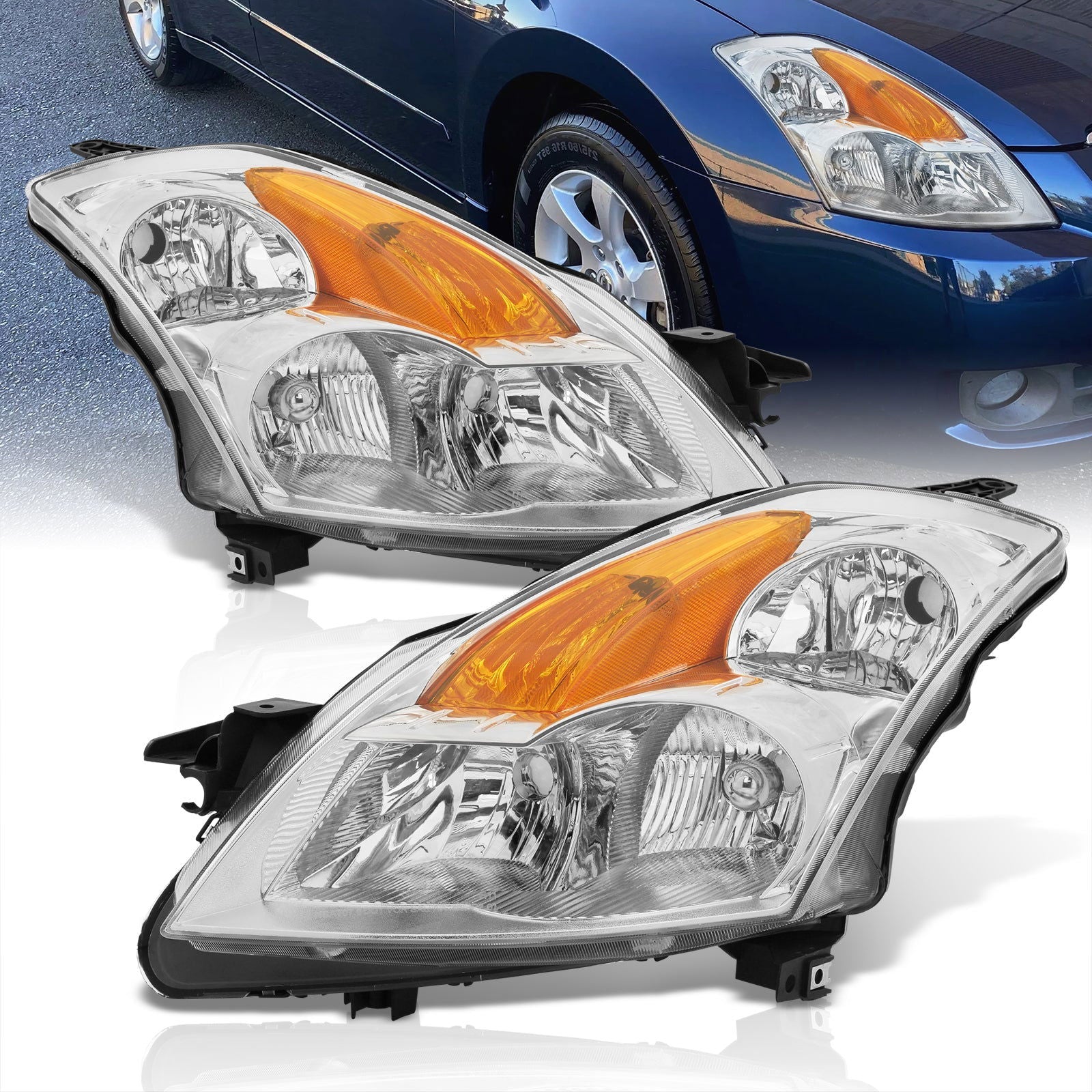 Nissan Altima Sedan 2007-2009 Factory Style Headlights Chrome Housing Clear Len Amber Reflector (Halogen Models Only) - Parts Agent