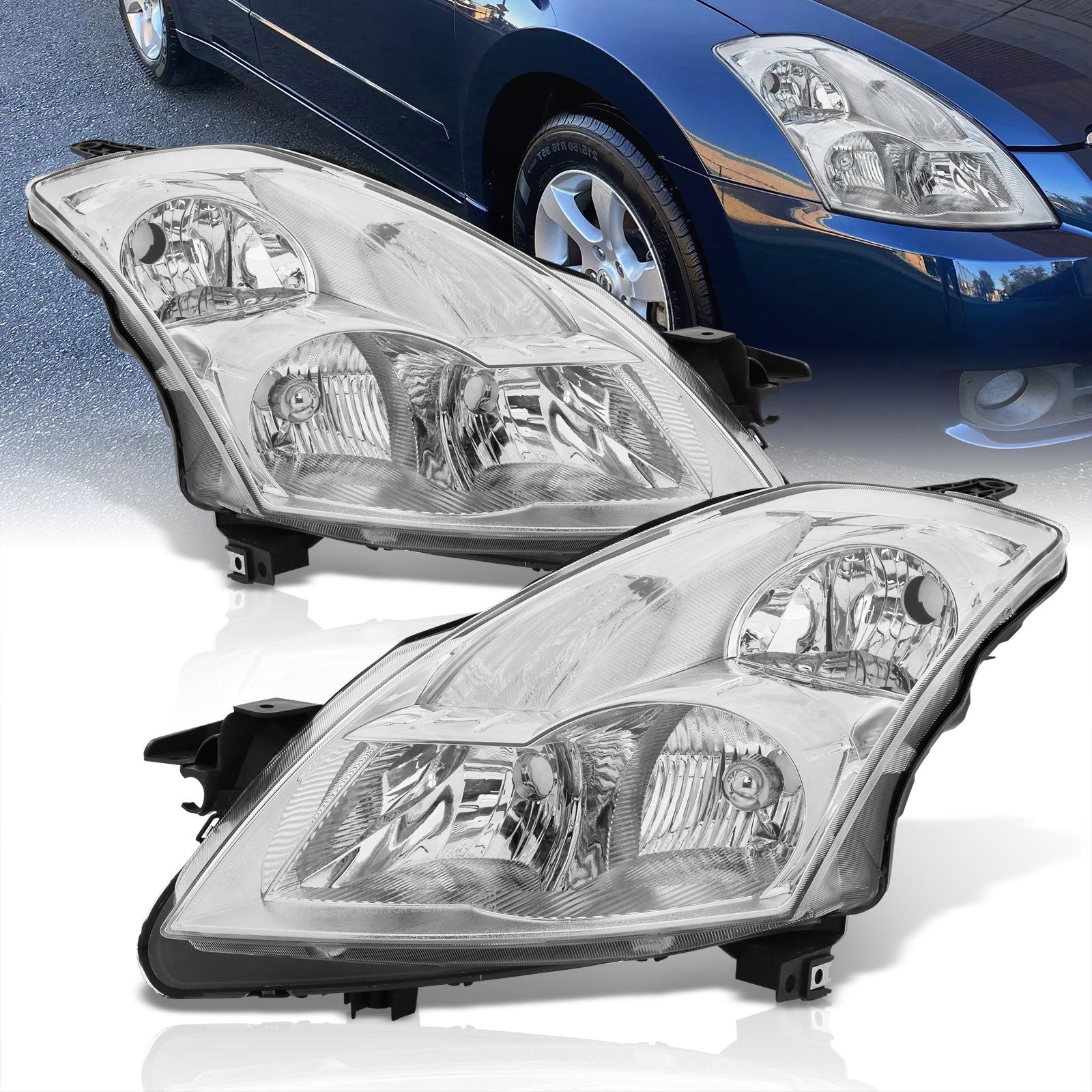 Nissan Altima Sedan 2007-2009 Factory Style Headlights Chrome Housing Clear Len Clear Reflector (Halogen Models Only) - Parts Agent
