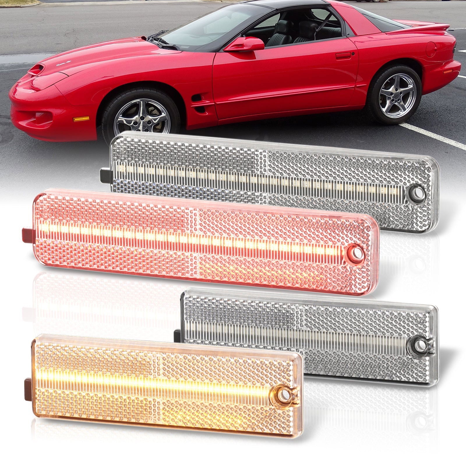 Pontiac Firebird 1998-2002 4 Piece Front Amber & Rear Red LED Side Marker Lights Clear Len - Parts Agent