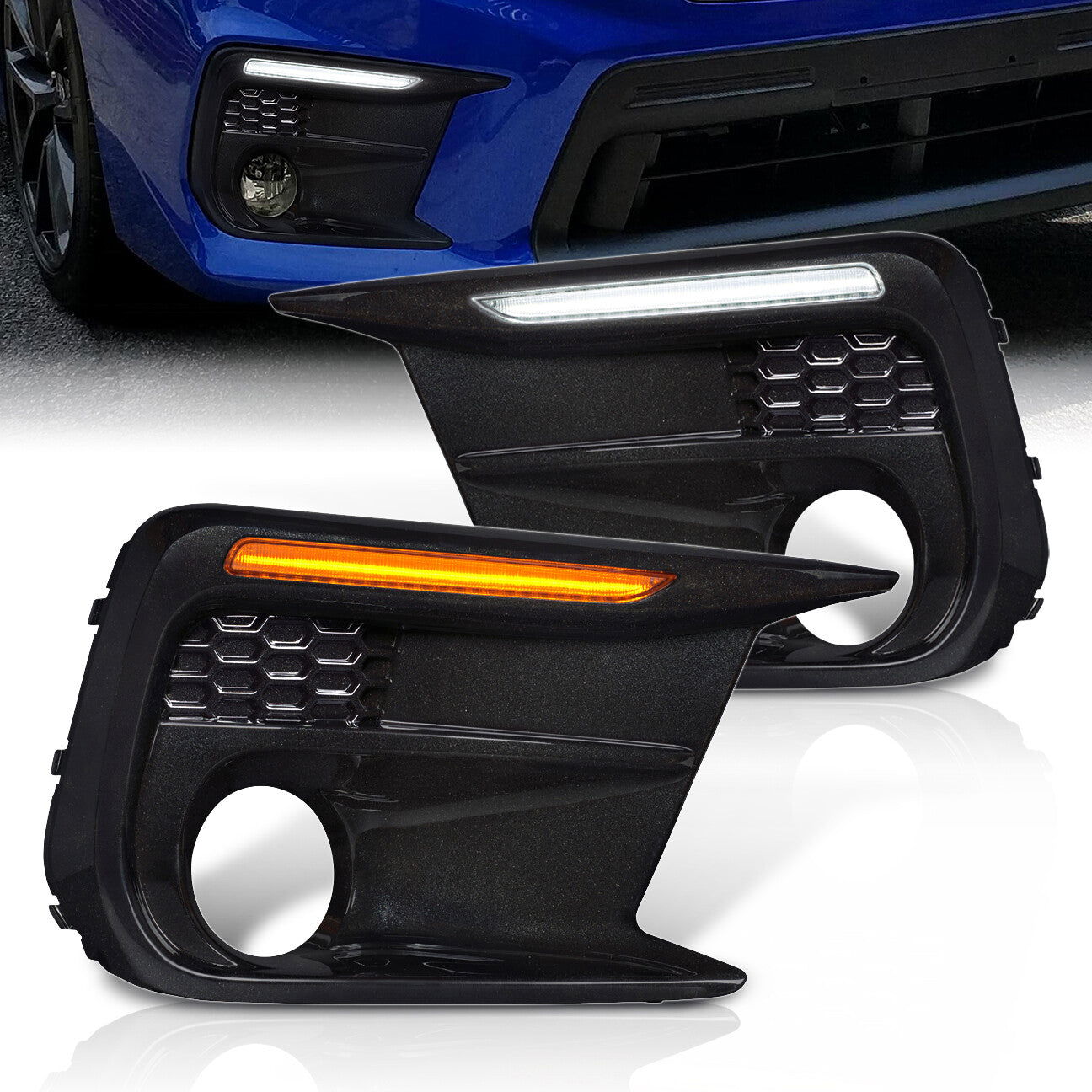 Subaru WRX Limited 2018-2021 Front 2-in-1 Function Sequential LED DRL Bar (Running/Signal) Fog Light Bezels Glossy Black (S4 Style) - Parts Agent