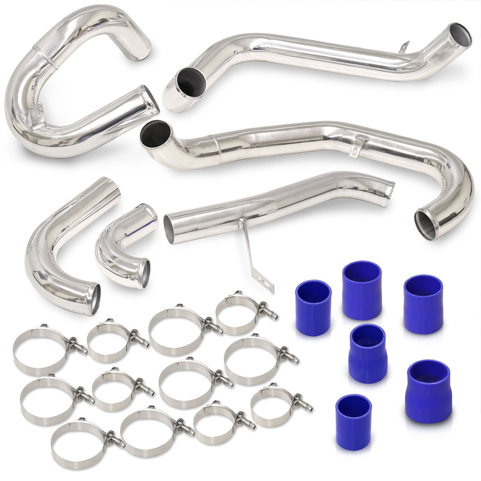 Subaru WRX STI GDA GDB 2002-2007 Bolt-On Aluminum Polished Piping Kit + Blue Couplers - Parts Agent
