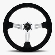 The Le Mans | Black Alcantara Suede | Silver Spoke | White Stitch - Parts Agent