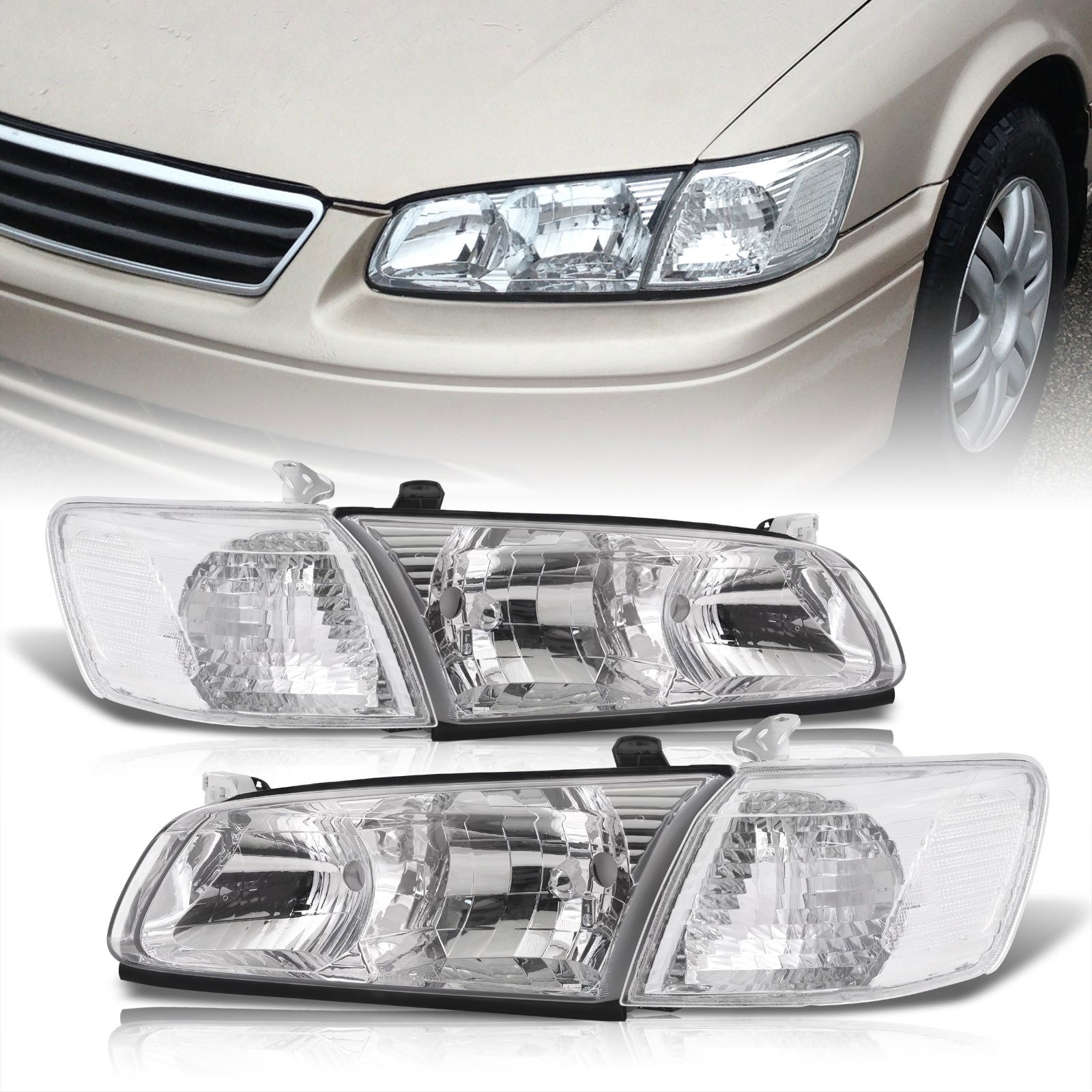 Toyota Camry 2000-2001 Factory Style Headlights + Corners Chrome Housing Clear Len Clear Reflector - Parts Agent
