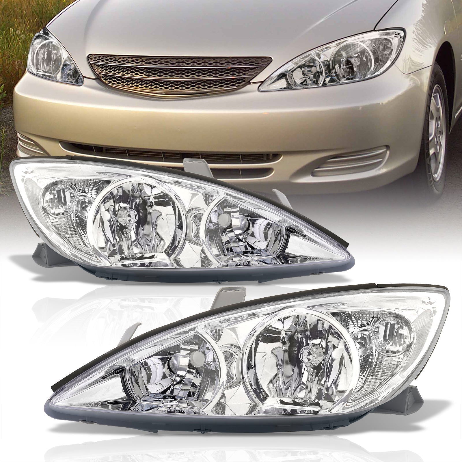 Toyota Camry 2002-2004 Factory Style Headlights Chrome Housing Clear Len Clear Reflector - Parts Agent