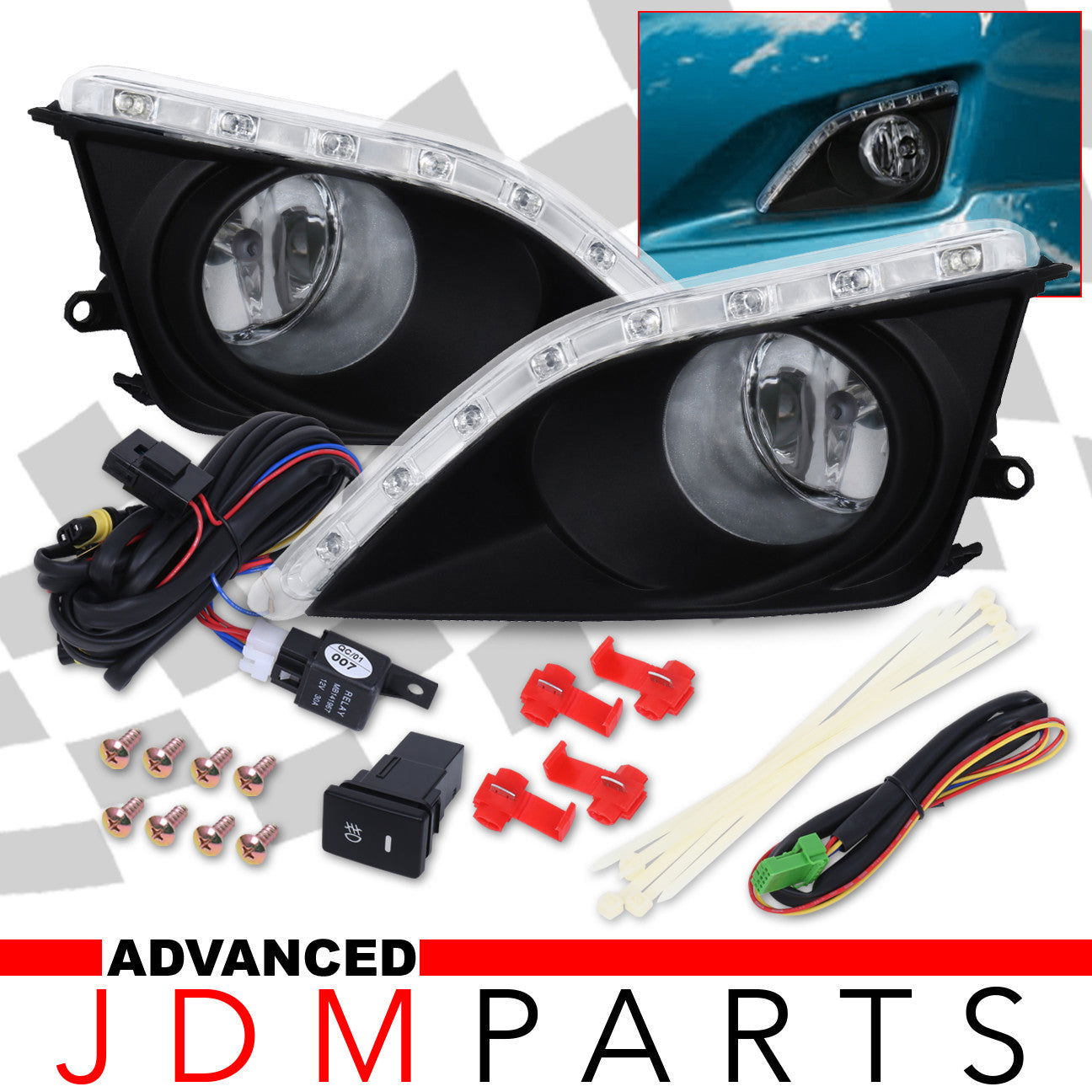 Toyota Corolla 2009-2010 Front LED DRL Fog Lights Clear Len (Includes Switch & Wiring Harness) - Parts Agent