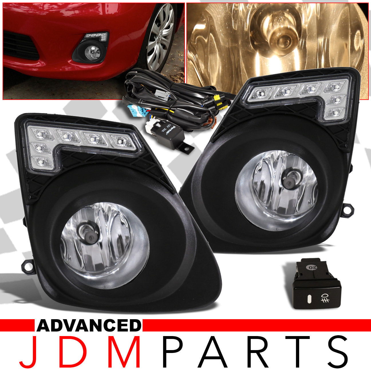Toyota Corolla 2011-2013 Front LED DRL Fog Lights Clear Len (Includes Switch & Wiring Harness) - Parts Agent
