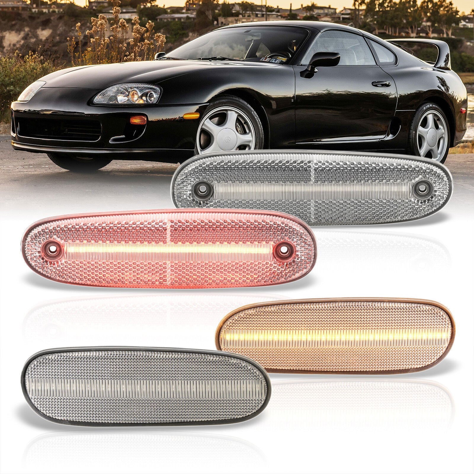 Toyota Supra MK4 1993-1998 4 Piece Front Amber & Rear Red LED Side Marker Lights Clear Len - Parts Agent