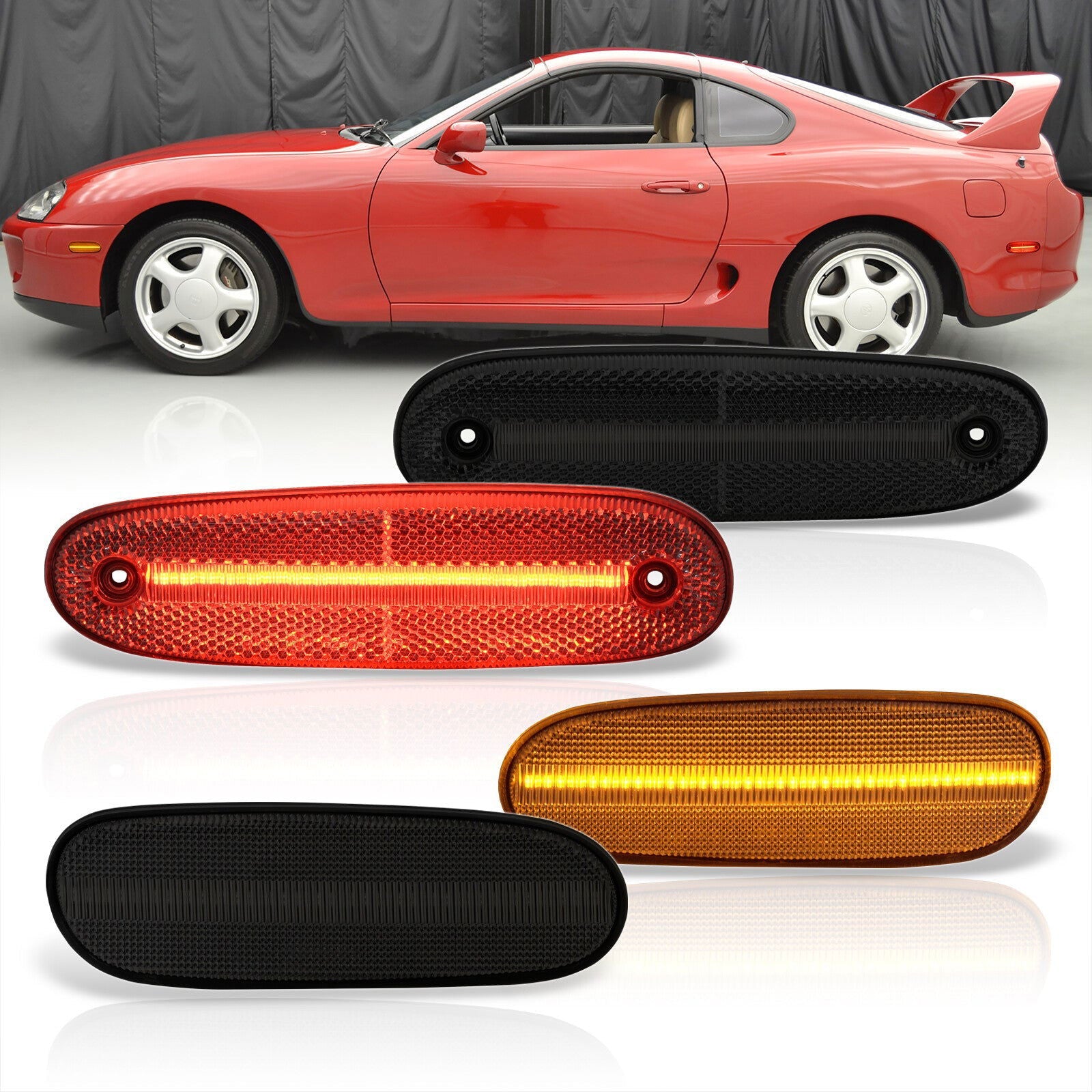 Toyota Supra MK4 1993-1998 4 Piece Front Amber & Rear Red LED Side Marker Lights Smoke Len - Parts Agent