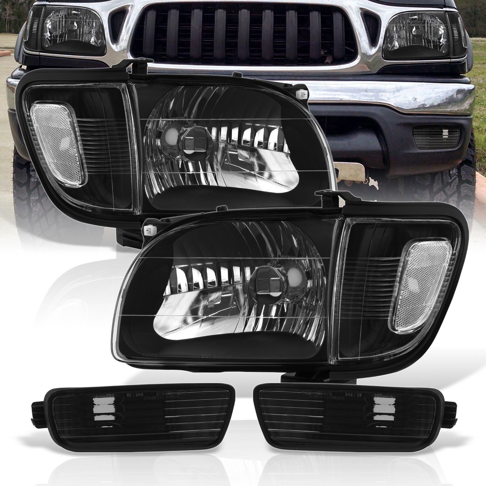 Toyota Tacoma 2001-2004 Factory Style Headlights + Bumpers + Corners Black Housing Clear Len Clear Reflector - Parts Agent