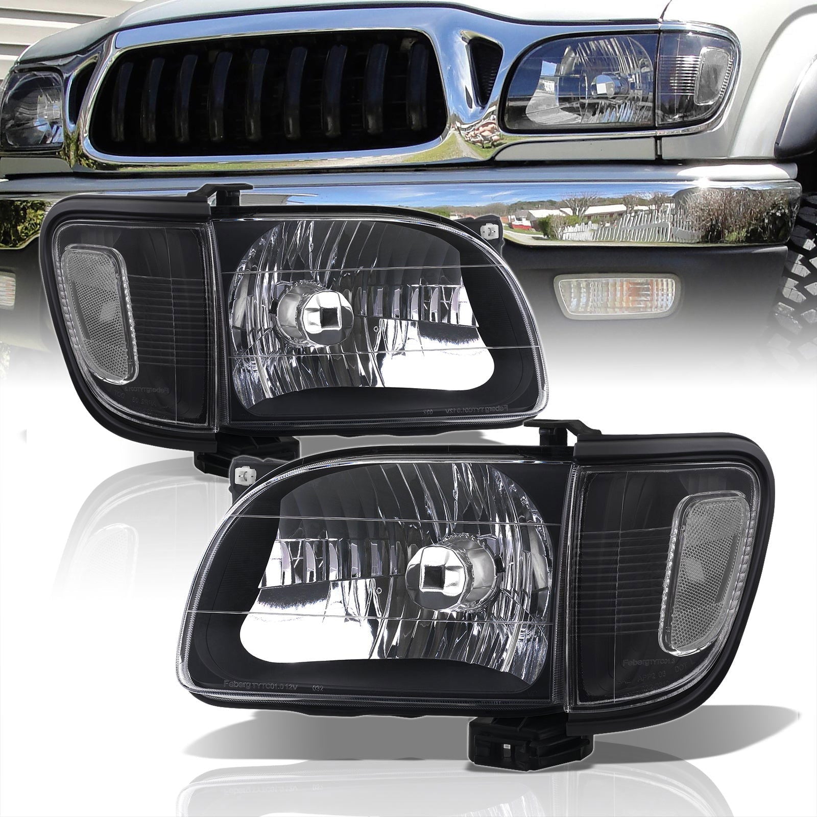 Toyota Tacoma 2001-2004 Factory Style Headlights + Corners Black Housing Clear Len Clear Reflector - Parts Agent