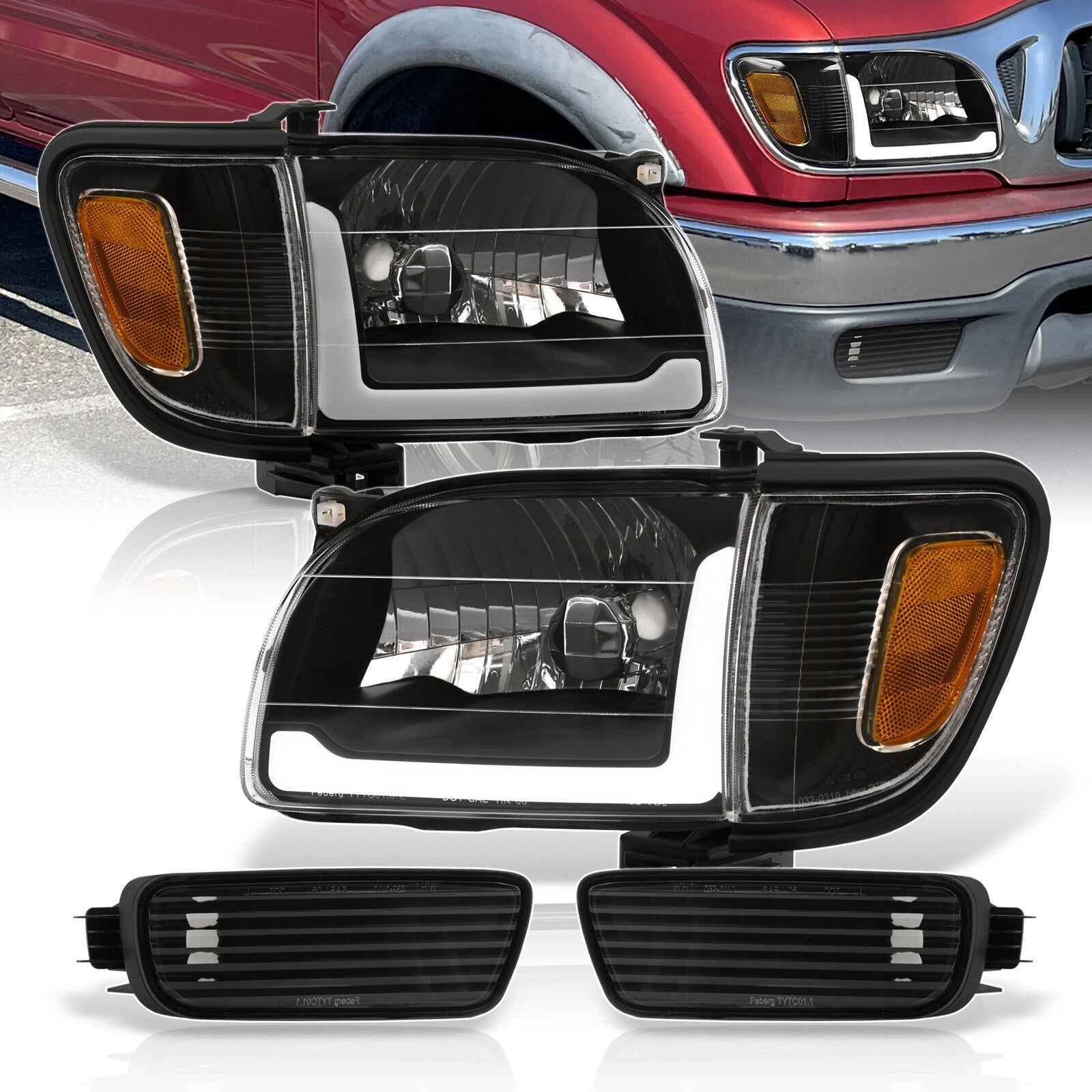Toyota Tacoma 2001-2004 LED DRL Bar Factory Style Headlights + Corners Black Housing Clear Len Amber Reflector - Parts Agent