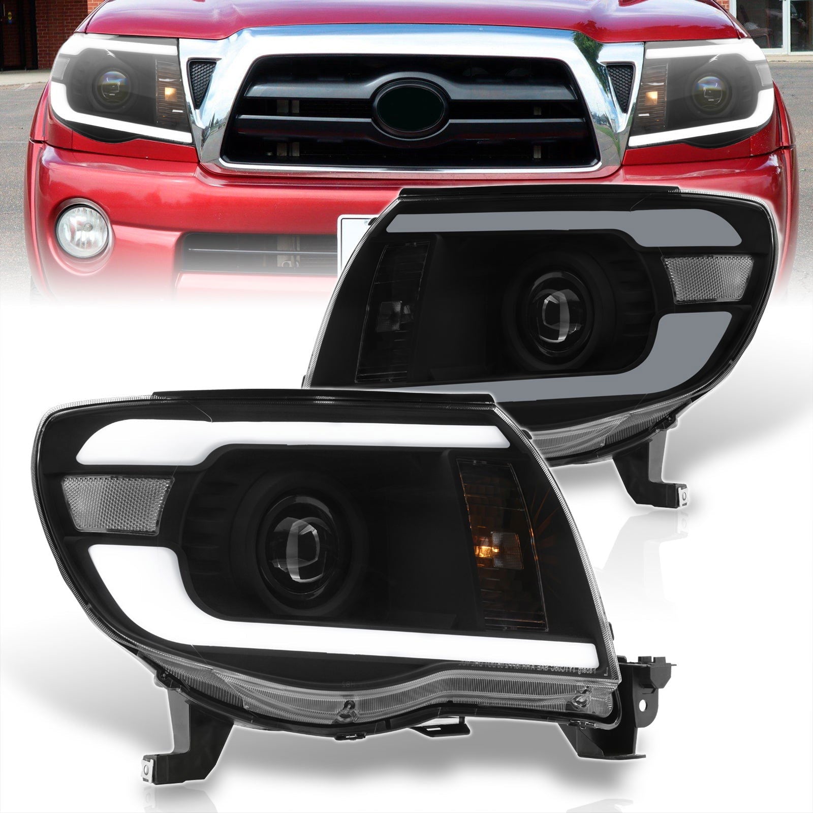 Toyota Tacoma 2005-2011 LED DRL Bar Projector Headlights Black Housing Clear Len Clear Reflector - Parts Agent