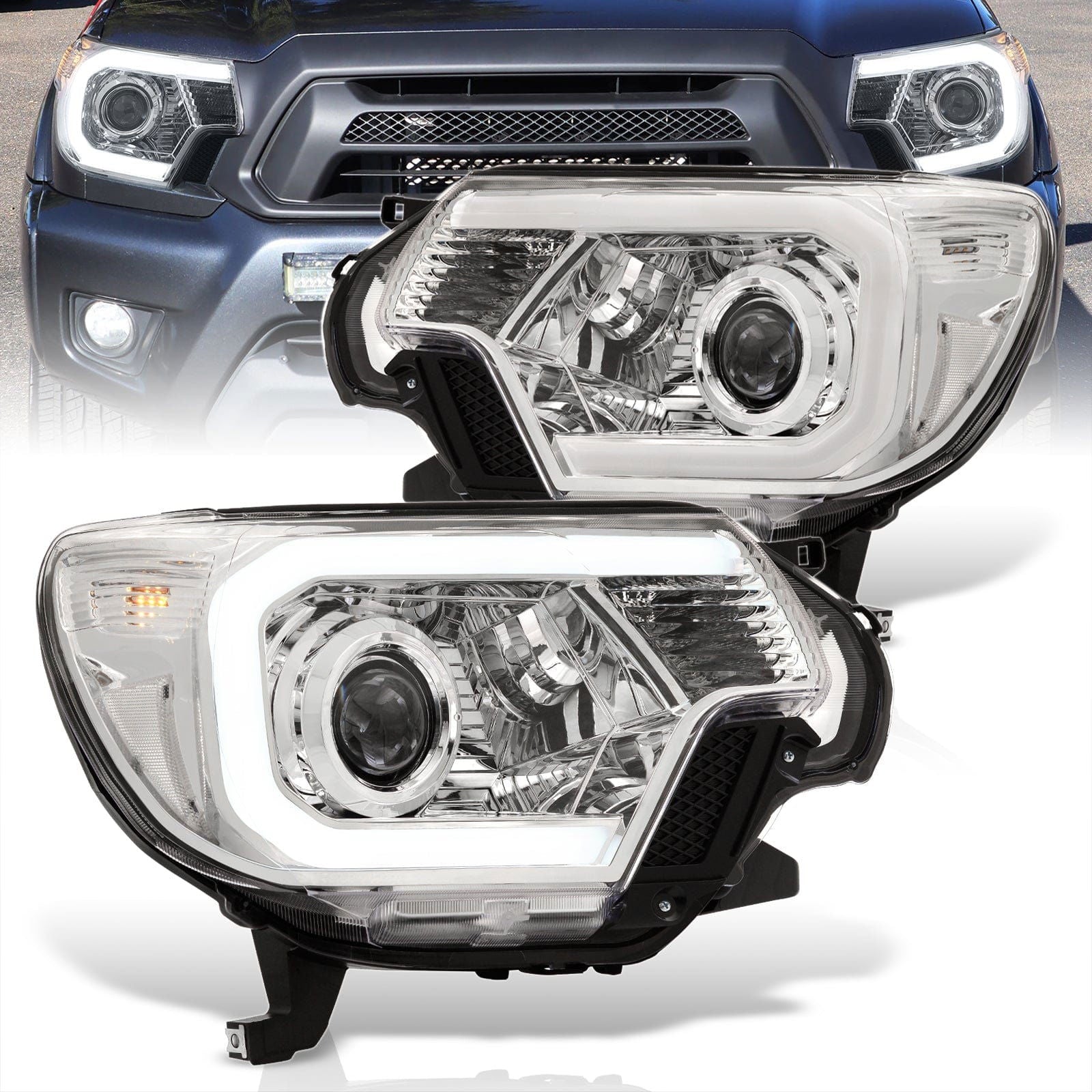 Toyota Tacoma 2012-2015 LED DRL Bar Projector Headlights Chrome Housing Clear Len Clear Reflector - Parts Agent