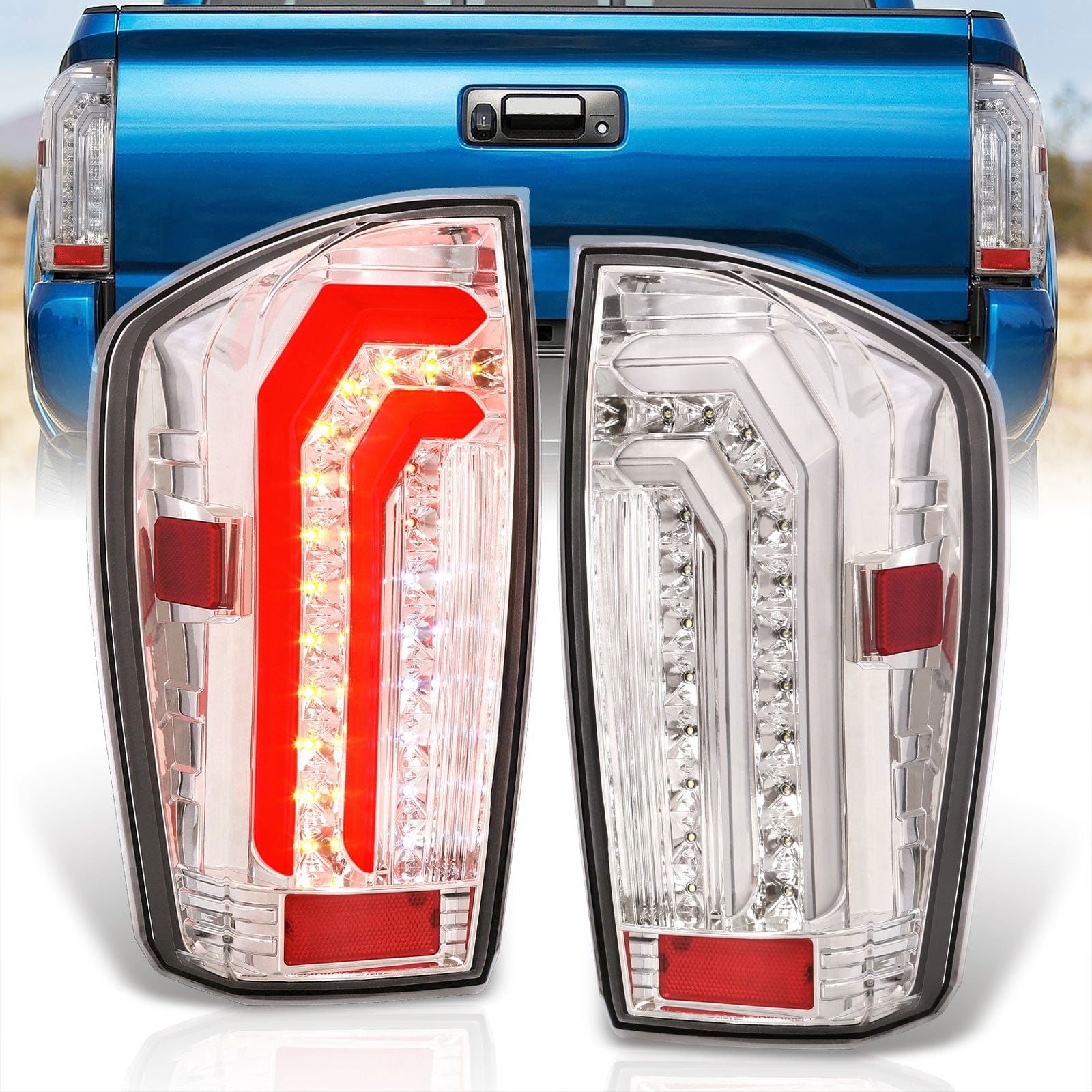 Toyota Tacoma 2016-2023 Sequential LED Bar Tail Lights Chrome Housing Clear Len White Tube (Version 2) - Parts Agent