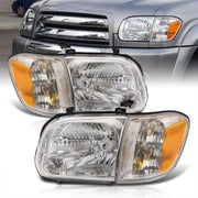 Toyota Tundra (Double Cab / 4 Door Models Only) 2005-2006 / Sequoia 2005-2007 Factory Style Headlights + Corners Chrome Housing Clear Len Amber Reflector - Parts Agent