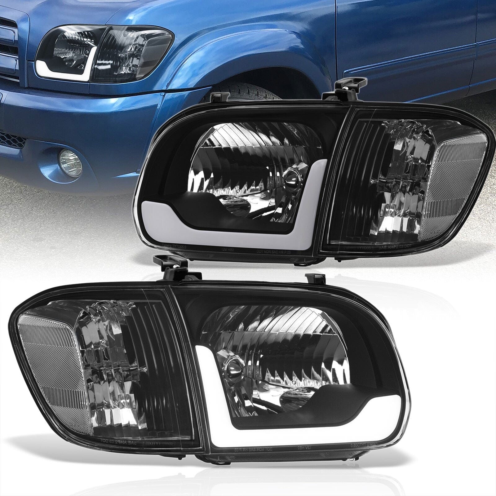 Toyota Tundra (Double Cab / 4 Door Models Only) 2005-2006 / Sequoia 2005-2007 LED DRL Bar Factory Style Headlights + Corners Black Housing Clear Len Clear Reflector - Parts Agent