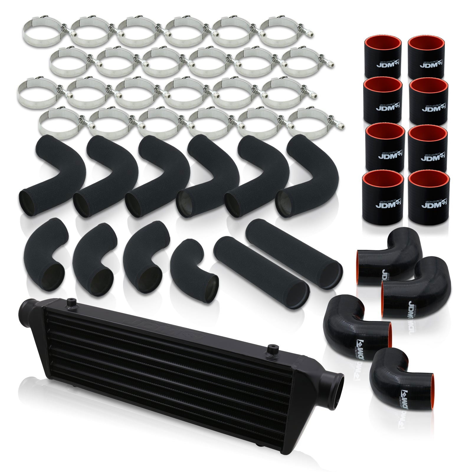 Universal 2.5" 12 Pieces Aluminum Piping Kit Black (x2 Straight / x6 90 Degree Long / x4 90 Degree Short) + SIlicone Couplers Black + Universal Aluminum Intercooler Black (Tube & Fin | Overall: 27.5" x 7.0" x 2.5" | Core: 21.5" x 7.0" x 2.25") - Parts Agent