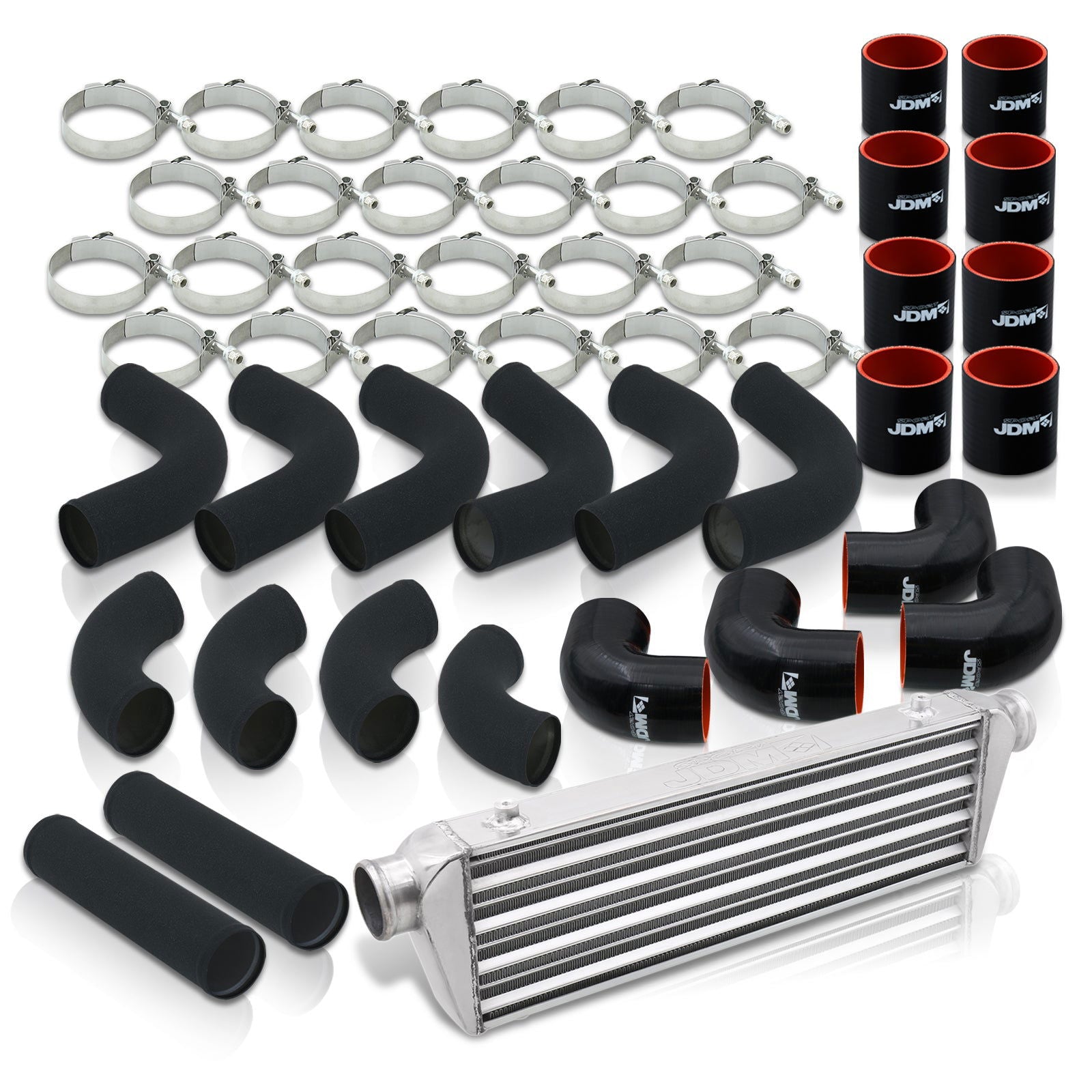 Universal 2.5" 12 Pieces Aluminum Piping Kit Black (x2 Straight / x6 90 Degree Long / x4 90 Degree Short) + SIlicone Couplers Black + Universal Aluminum Intercooler (Tube & Fin | Overall: 27.5" x 7.0" x 2.5" | Core: 21.5" x 7.0" x 2.25") - Parts Agent