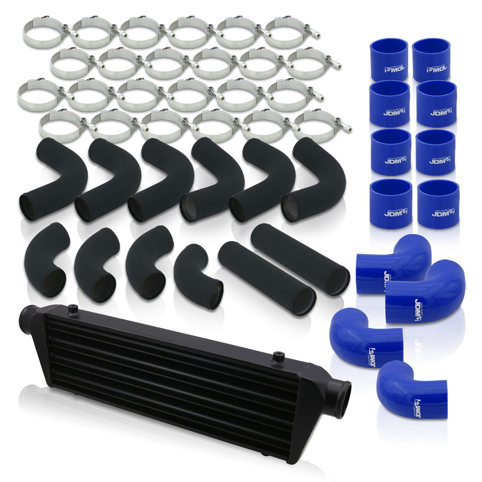Universal 2.5" 12 Pieces Aluminum Piping Kit Black (x2 Straight / x6 90 Degree Long / x4 90 Degree Short) + SIlicone Couplers Blue + Universal Aluminum Intercooler Black (Tube & Fin | Overall: 27.5" x 7.0" x 2.5" | Core: 21.5" x 7.0" x 2.25") - Parts Agent