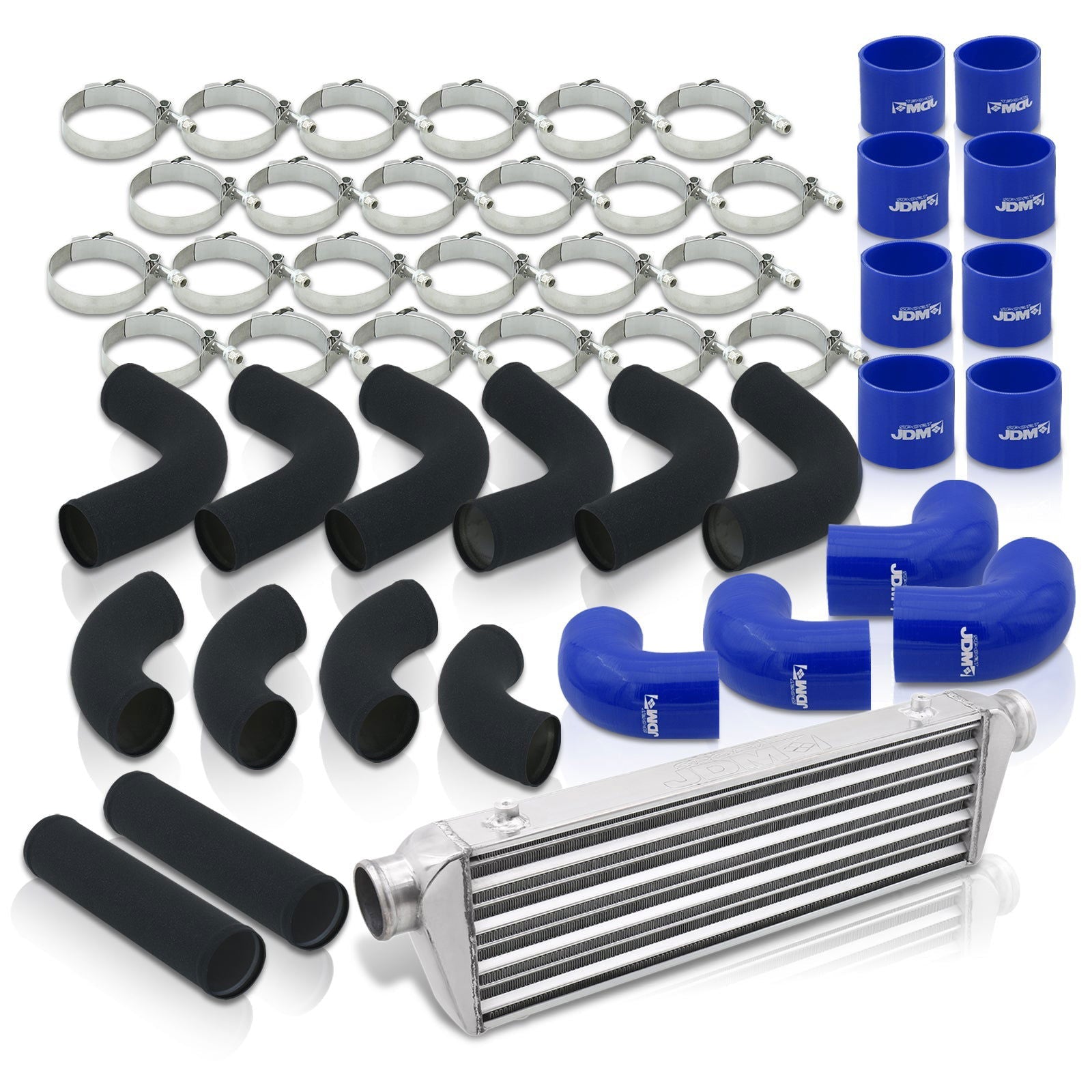 Universal 2.5" 12 Pieces Aluminum Piping Kit Black (x2 Straight / x6 90 Degree Long / x4 90 Degree Short) + SIlicone Couplers Blue + Universal Aluminum Intercooler (Tube & Fin | Overall: 27.5" x 7.0" x 2.5" | Core: 21.5" x 7.0" x 2.25") - Parts Agent