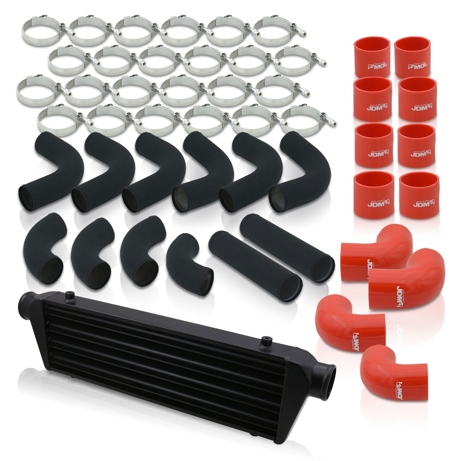 Universal 2.5" 12 Pieces Aluminum Piping Kit Black (x2 Straight / x6 90 Degree Long / x4 90 Degree Short) + SIlicone Couplers Red + Universal Aluminum Intercooler Black (Tube & Fin | Overall: 27.5" x 7.0" x 2.5" | Core: 21.5" x 7.0" x 2.25") - Parts Agent