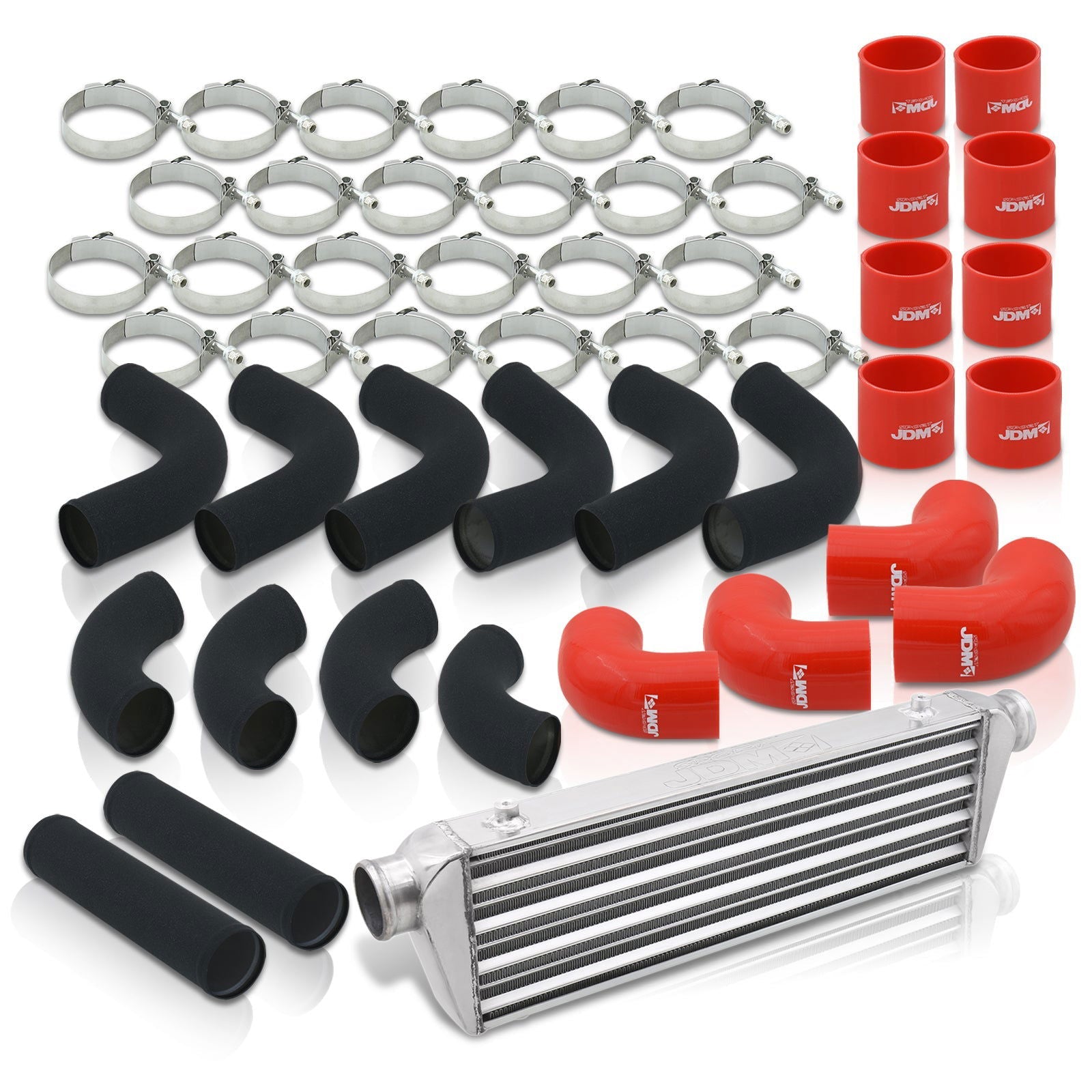 Universal 2.5" 12 Pieces Aluminum Piping Kit Black (x2 Straight / x6 90 Degree Long / x4 90 Degree Short) + SIlicone Couplers Red + Universal Aluminum Intercooler (Tube & Fin | Overall: 27.5" x 7.0" x 2.5" | Core: 21.5" x 7.0" x 2.25") - Parts Agent