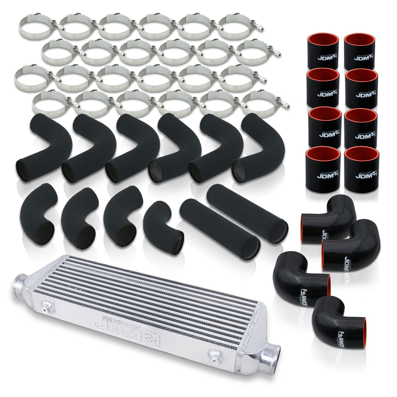 Universal 2.5" 12 Pieces Aluminum Piping Kit Black (x2 Straight / x6 90 Degree Long / x4 90 Degree Short) + Silicone Couplers Black + Universal Aluminum Intercooler (Bar & Plate | Overall: 27.5" x 7.0" x 2.5" | Core: 21.5" x 7.0" x 2.25") - Parts Agent