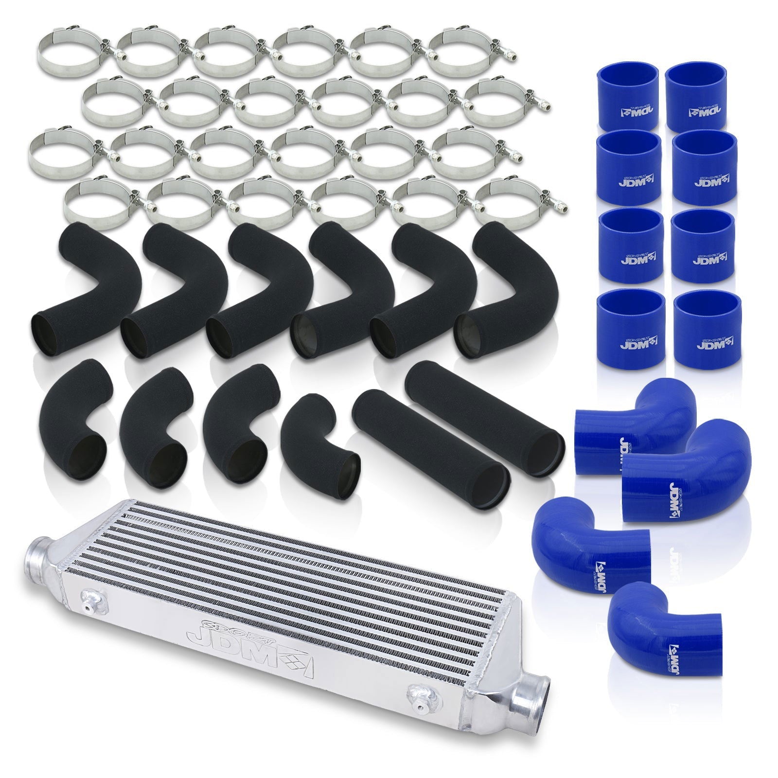 Universal 2.5" 12 Pieces Aluminum Piping Kit Black (x2 Straight / x6 90 Degree Long / x4 90 Degree Short) + Silicone Couplers Blue + Universal Aluminum Intercooler (Bar & Plate | Overall: 27.5" x 7.0" x 2.5" | Core: 21.5" x 7.0" x 2.25") - Parts Agent