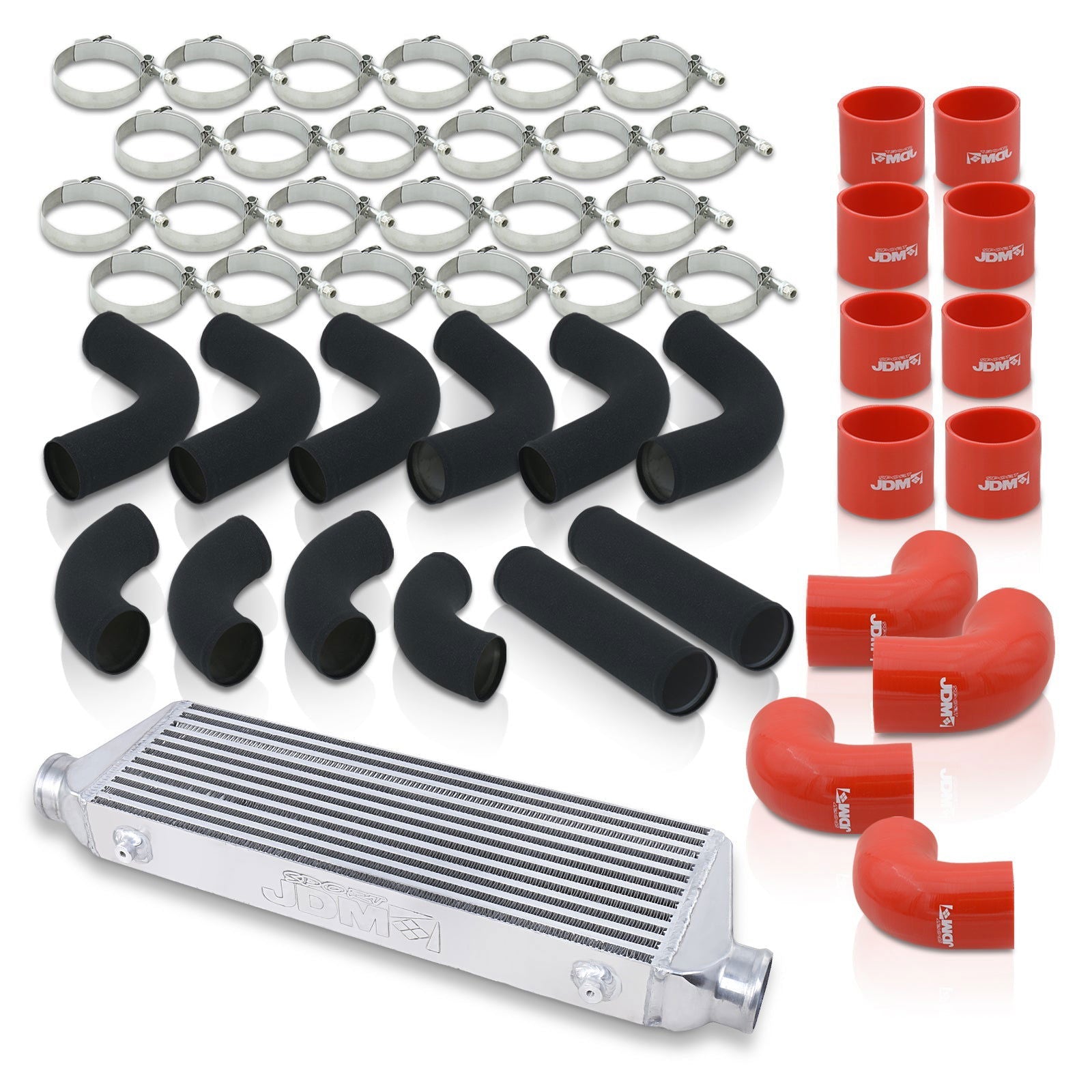 Universal 2.5" 12 Pieces Aluminum Piping Kit Black (x2 Straight / x6 90 Degree Long / x4 90 Degree Short) + Silicone Couplers Red + Universal Aluminum Intercooler (Bar & Plate | Overall: 27.5" x 7.0" x 2.5" | Core: 21.5" x 7.0" x 2.25") - Parts Agent