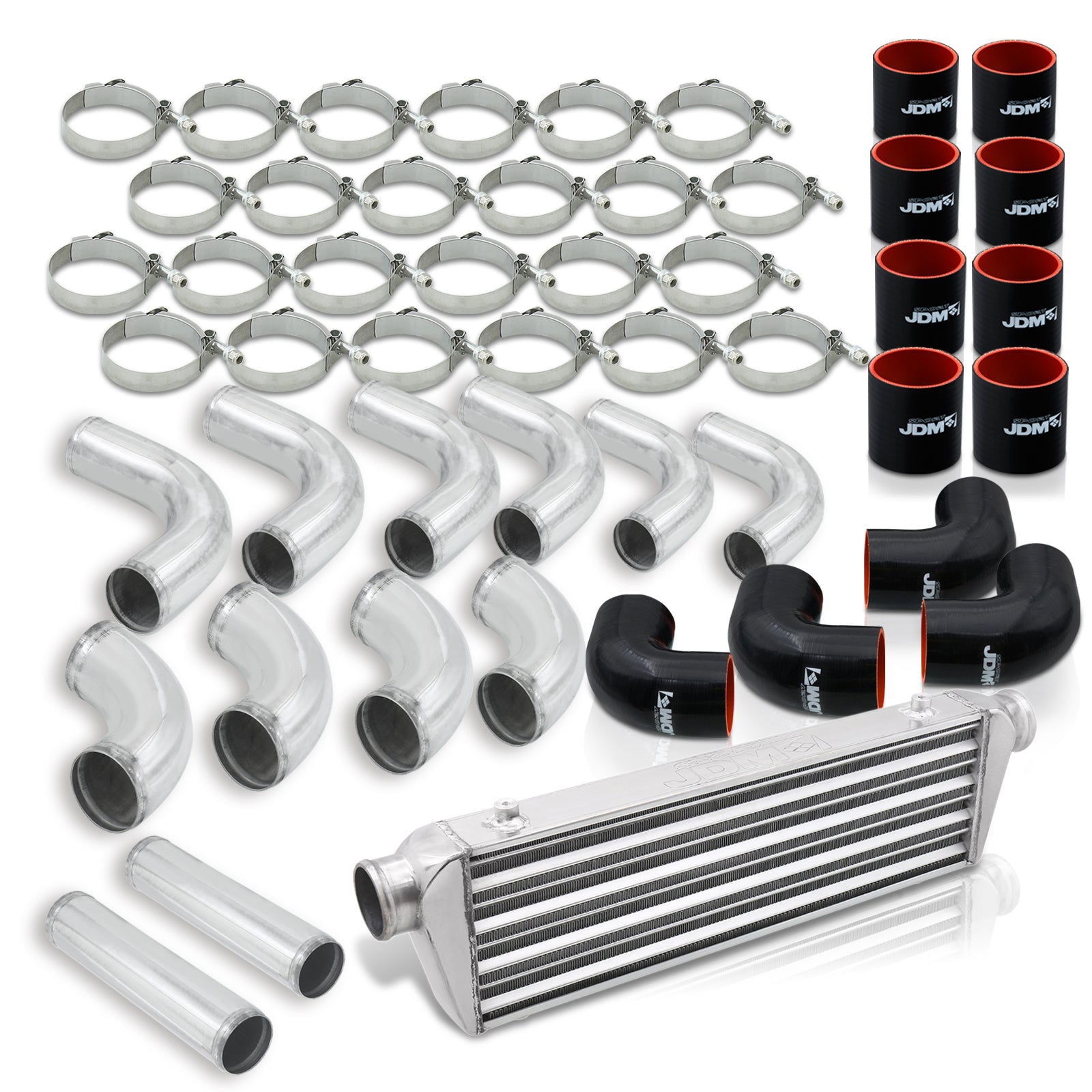Universal 2.5" 12 Pieces Aluminum Piping Kit Chrome (x2 Straight / x6 90 Degree Long / x4 90 Degree Short) + SIlicone Couplers Black + Universal Aluminum Intercooler (Tube & Fin | Overall: 27.5" x 7.0" x 2.5" | Core: 21.5" x 7.0" x 2.25") - Parts Agent