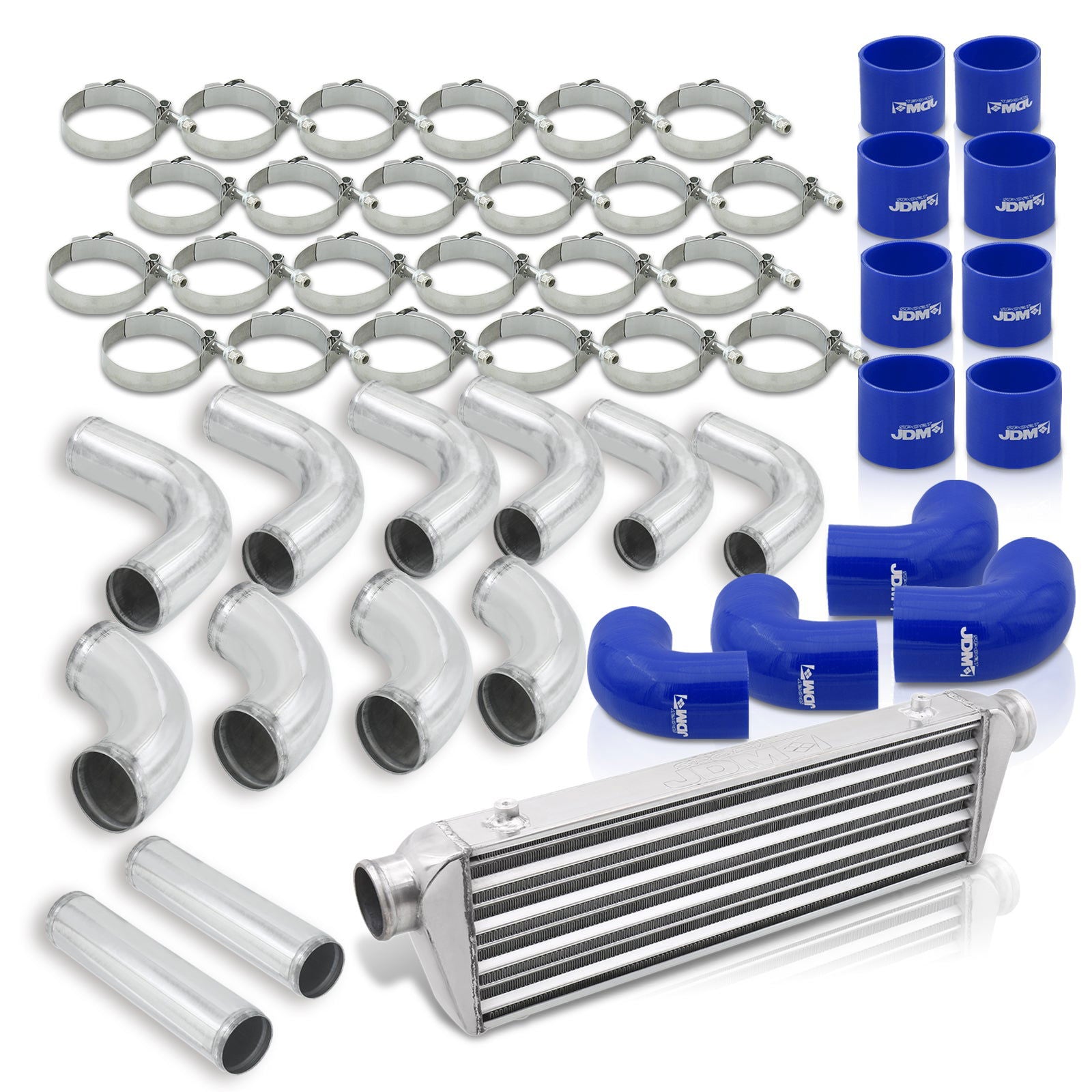 Universal 2.5" 12 Pieces Aluminum Piping Kit Chrome (x2 Straight / x6 90 Degree Long / x4 90 Degree Short) + Silicone Couplers Blue + Universal Aluminum Intercooler (Tube & Fin | Overall: 27.5" x 7.0" x 2.5" | Core: 21.5" x 7.0" x 2.25") - Parts Agent