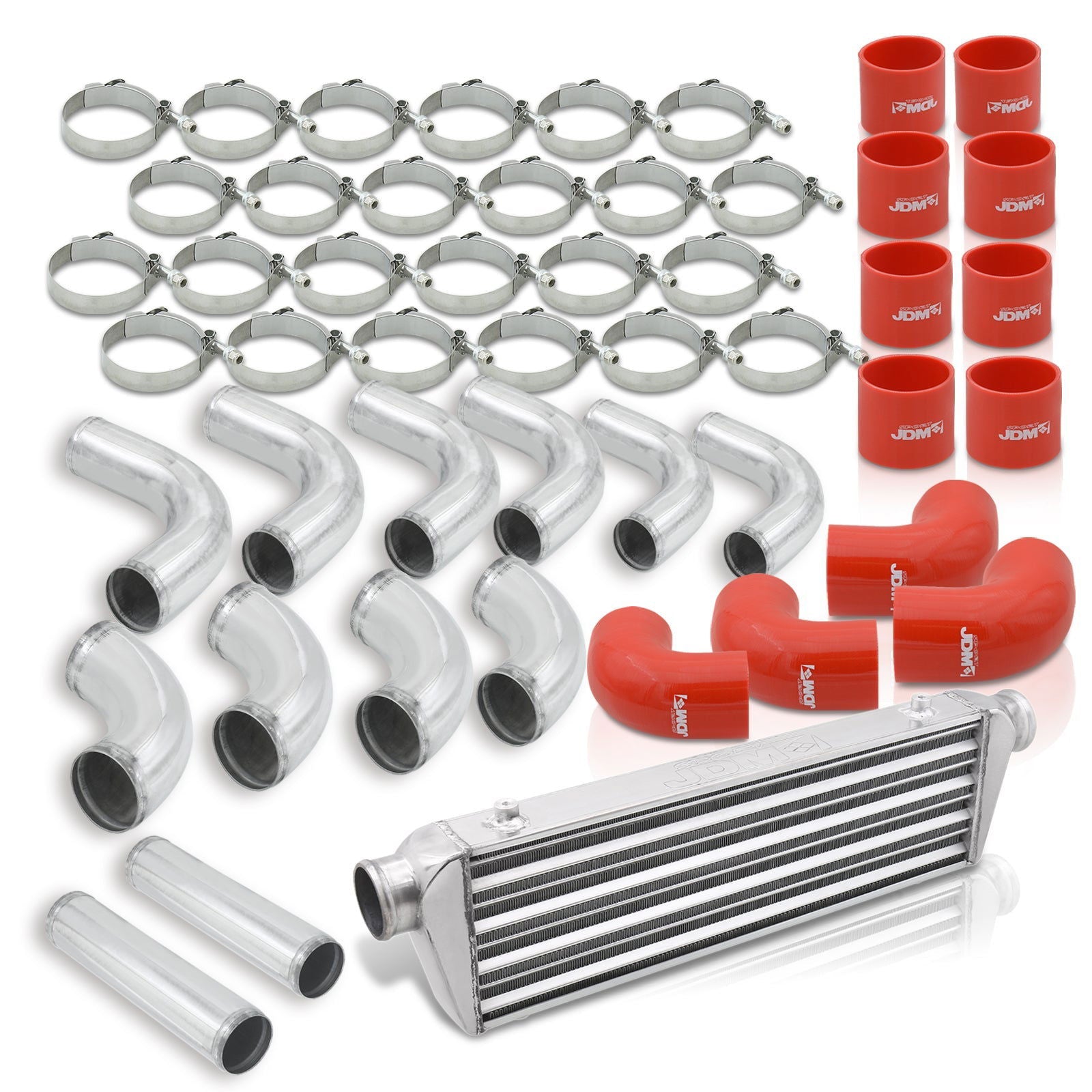 Universal 2.5" 12 Pieces Aluminum Piping Kit Chrome (x2 Straight / x6 90 Degree Long / x4 90 Degree Short) + Silicone Couplers Red + Universal Aluminum Intercooler (Tube & Fin | Overall: 27.5" x 7.0" x 2.5" | Core: 21.5" x 7.0" x 2.25") - Parts Agent