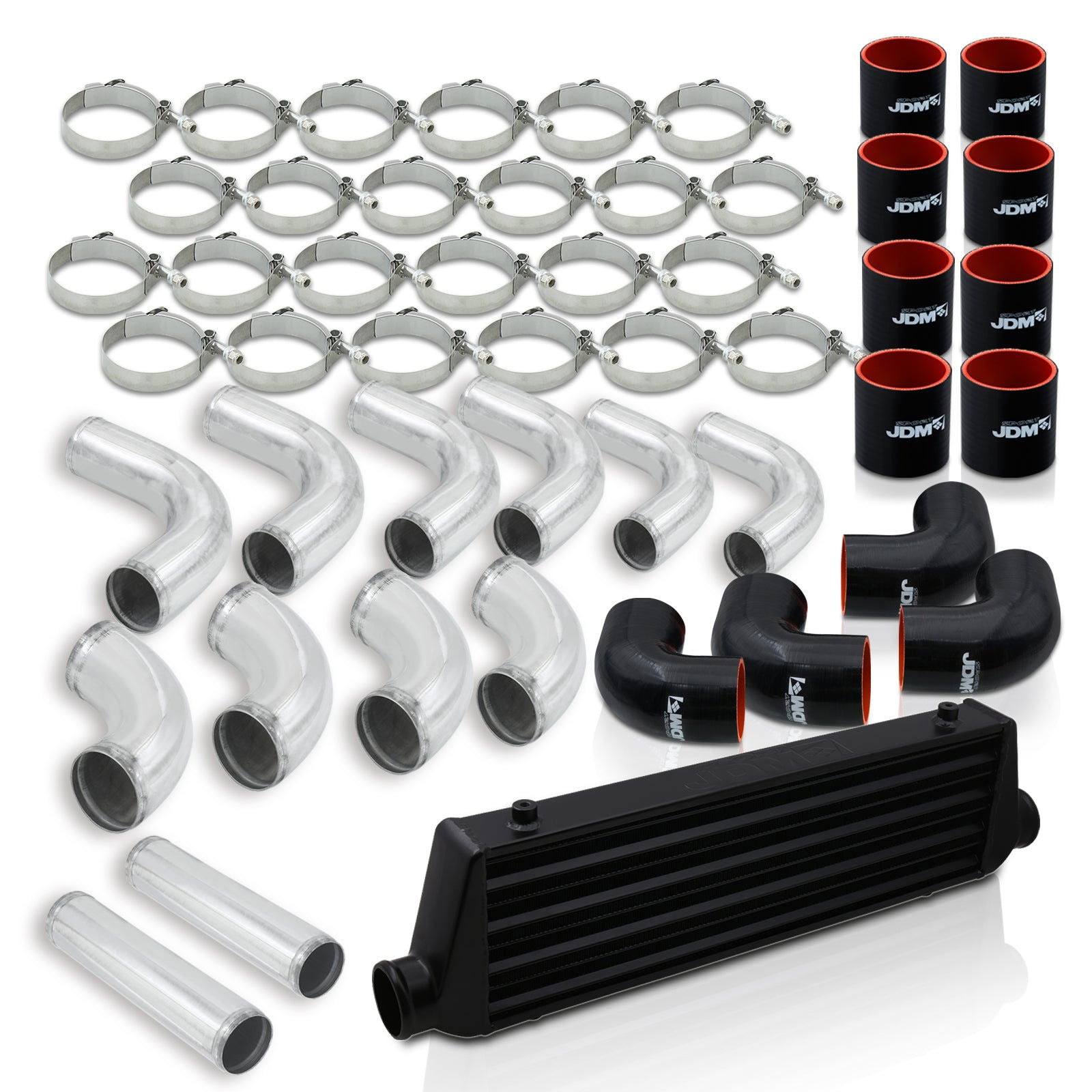 Universal 2.5" 12 Pieces Aluminum Piping Kit Polished (x2 Straight / x6 90 Degree Long / x4 90 Degree Short) + SIlicone Couplers Black + Universal Aluminum Intercooler Black (Tube & Fin | Overall: 27.5" x 7.0" x 2.5" | Core: 21.5" x 7.0" x 2.25") - Parts Agent