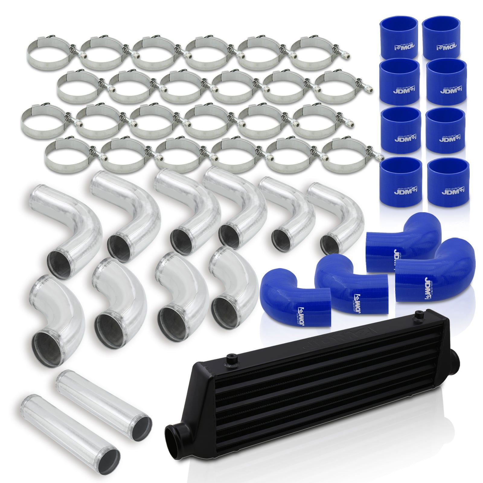 Universal 2.5" 12 Pieces Aluminum Piping Kit Polished (x2 Straight / x6 90 Degree Long / x4 90 Degree Short) + SIlicone Couplers Blue + Universal Aluminum Intercooler Black (Tube & Fin | Overall: 27.5" x 7.0" x 2.5" | Core: 21.5" x 7.0" x 2.25") - Parts Agent