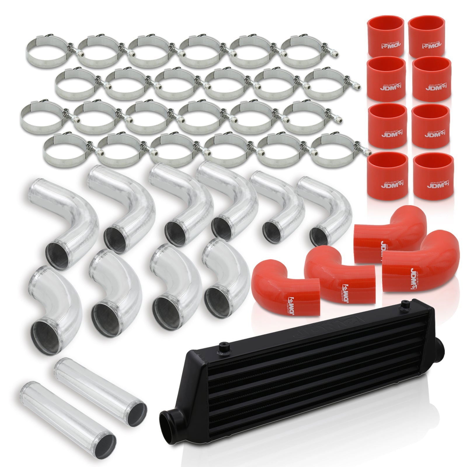 Universal 2.5" 12 Pieces Aluminum Piping Kit Polished (x2 Straight / x6 90 Degree Long / x4 90 Degree Short) + SIlicone Couplers Red + Universal Aluminum Intercooler Black (Tube & Fin | Overall: 27.5" x 7.0" x 2.5" | Core: 21.5" x 7.0" x 2.25") - Parts Agent