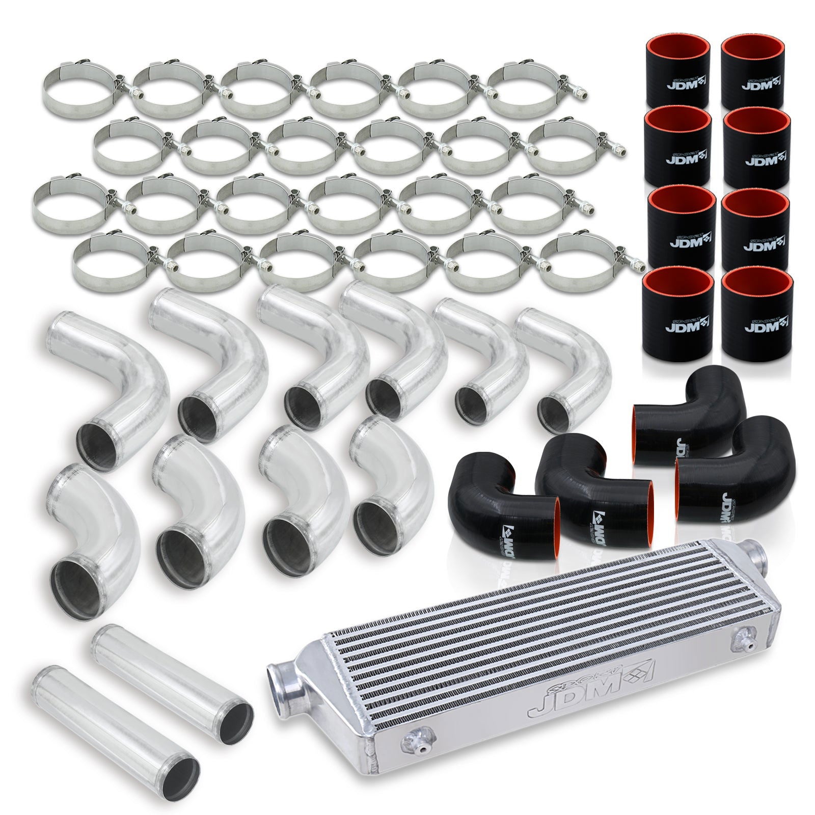 Universal 2.5" 12 Pieces Aluminum Piping Kit Polished (x2 Straight / x6 90 Degree Long / x4 90 Degree Short) + Silicone Couplers Black + Universal Aluminum Intercooler (Bar & Plate | Overall: 27.5" x 7.0" x 2.5" | Core: 21.5" x 7.0" x 2.25") - Parts Agent