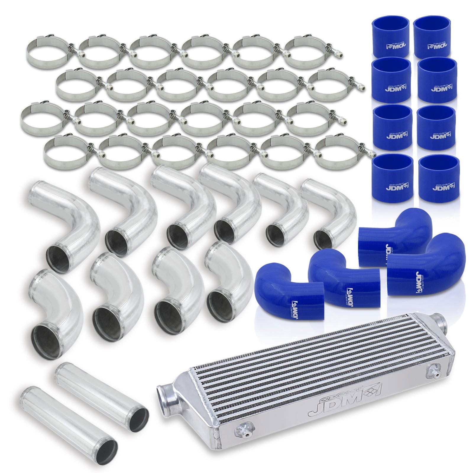 Universal 2.5" 12 Pieces Aluminum Piping Kit Polished (x2 Straight / x6 90 Degree Long / x4 90 Degree Short) + Silicone Couplers Blue + Universal Aluminum Intercooler (Bar & Plate | Overall: 27.5" x 7.0" x 2.5" | Core: 21.5" x 7.0" x 2.25") - Parts Agent