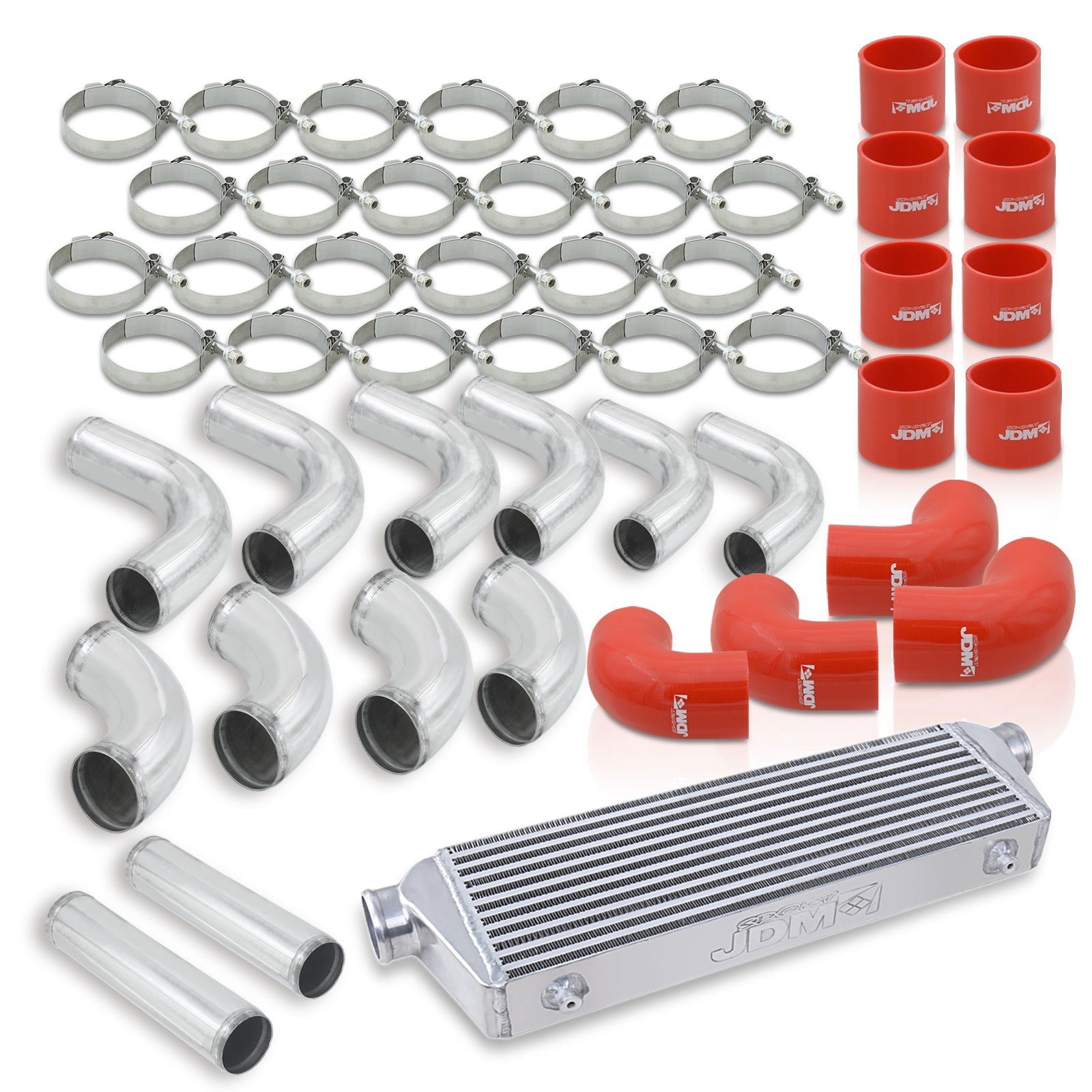 Universal 2.5" 12 Pieces Aluminum Piping Kit Polished (x2 Straight / x6 90 Degree Long / x4 90 Degree Short) + Silicone Couplers Red + Universal Aluminum Intercooler (Bar & Plate | Overall: 27.5" x 7.0" x 2.5" | Core: 21.5" x 7.0" x 2.25") - Parts Agent