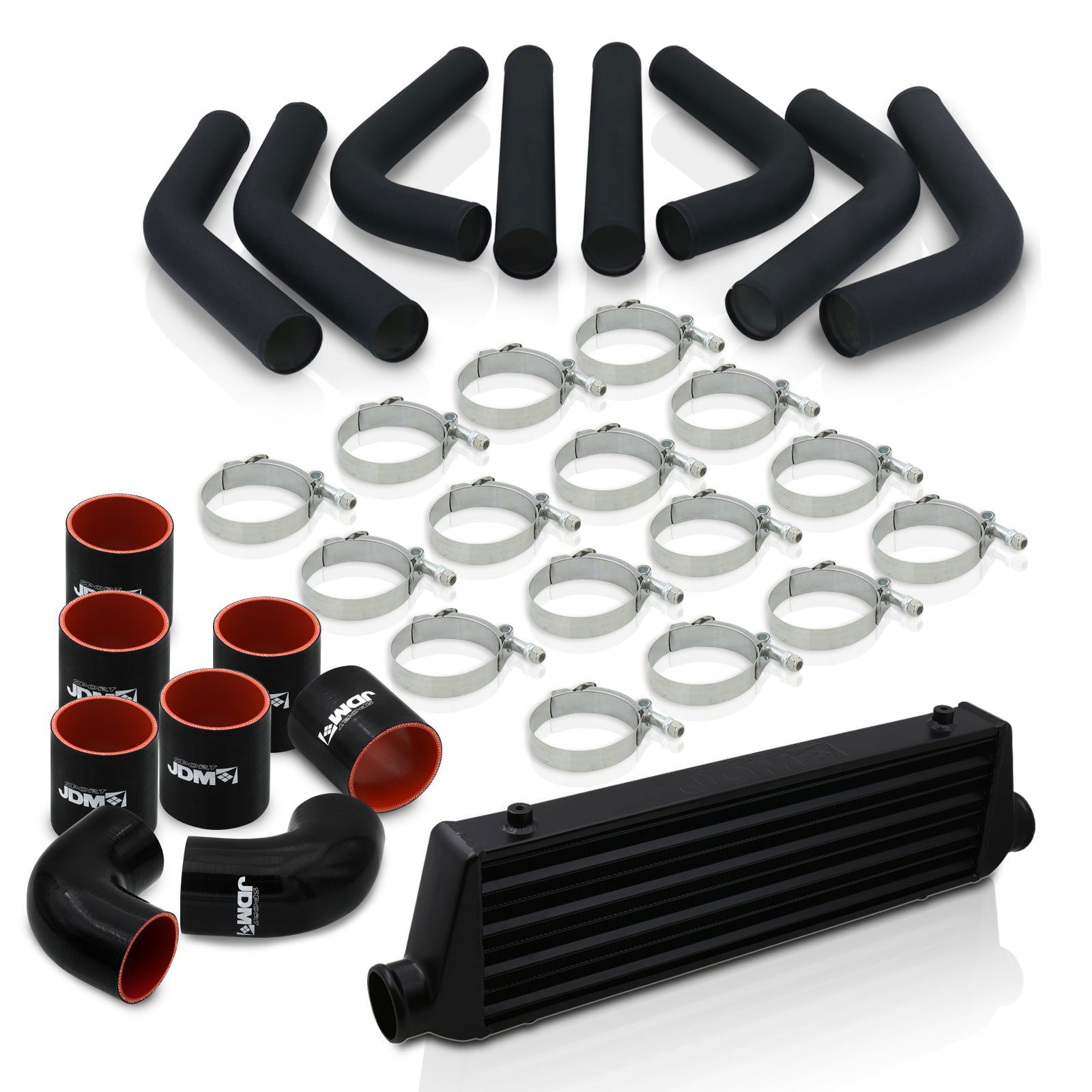 Universal 2.5" 8 Pieces Aluminum Piping Kit Black (x2 Straight / x2 90 Degree / x2 120 Degree / x2 135 Degree) + SIlicone Couplers Black + Universal Aluminum Intercooler Black (Tube & Fin | Overall: 27.5" x 7.0" x 2.5" | Core: 21.5" x 7.0" x 2.25") - Parts Agent