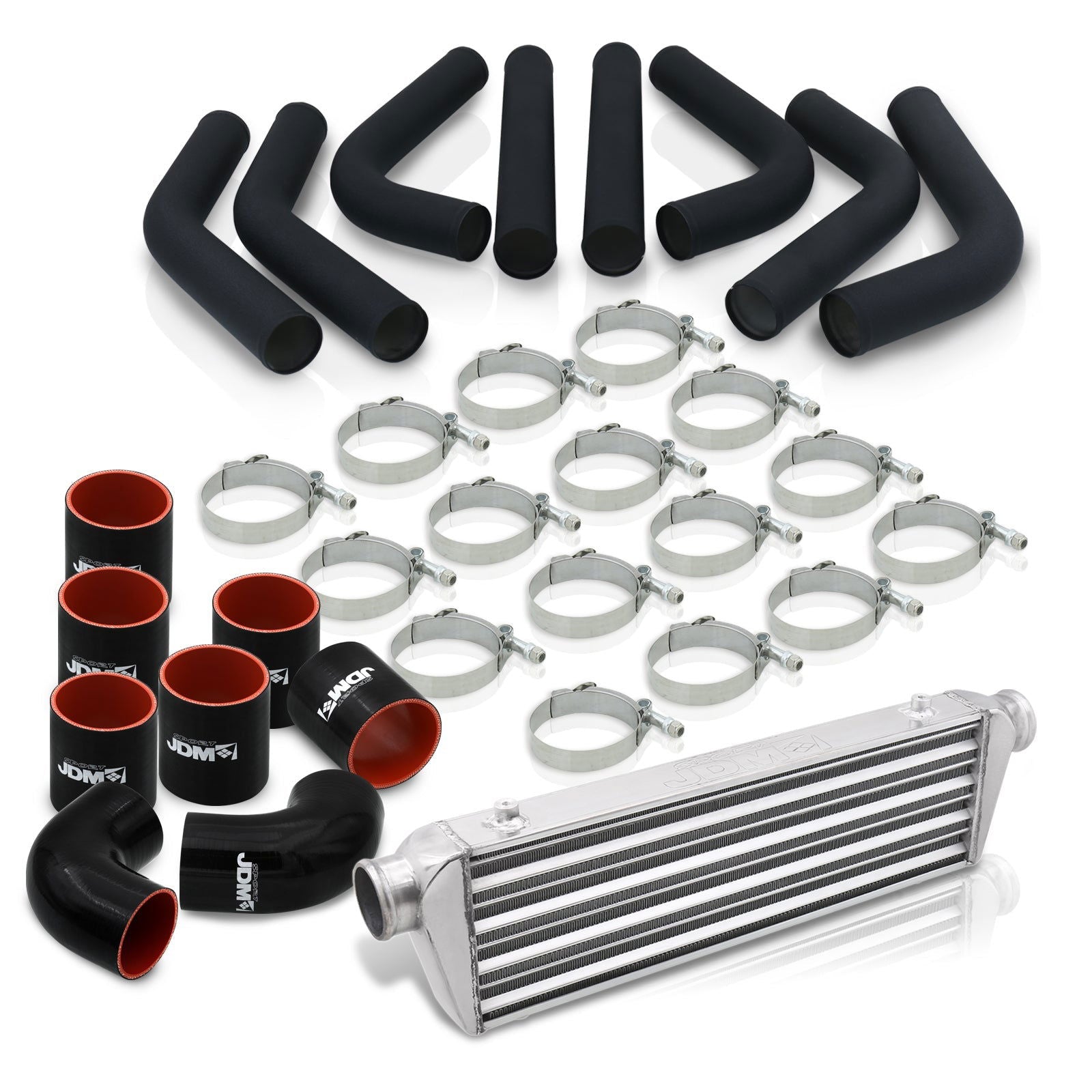 Universal 2.5" 8 Pieces Aluminum Piping Kit Black (x2 Straight / x2 90 Degree / x2 120 Degree / x2 135 Degree) + SIlicone Couplers Black + Universal Aluminum Intercooler (Tube & Fin | Overall: 27.5" x 7.0" x 2.5" | Core: 21.5" x 7.0" x 2.25") - Parts Agent