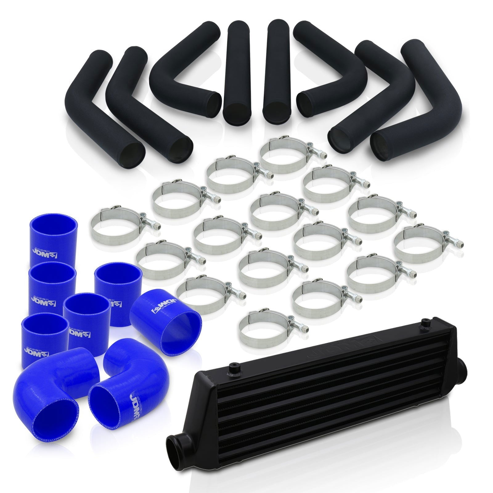 Universal 2.5" 8 Pieces Aluminum Piping Kit Black (x2 Straight / x2 90 Degree / x2 120 Degree / x2 135 Degree) + SIlicone Couplers Blue + Universal Aluminum Intercooler Black (Tube & Fin | Overall: 27.5" x 7.0" x 2.5" | Core: 21.5" x 7.0" x 2.25") - Parts Agent