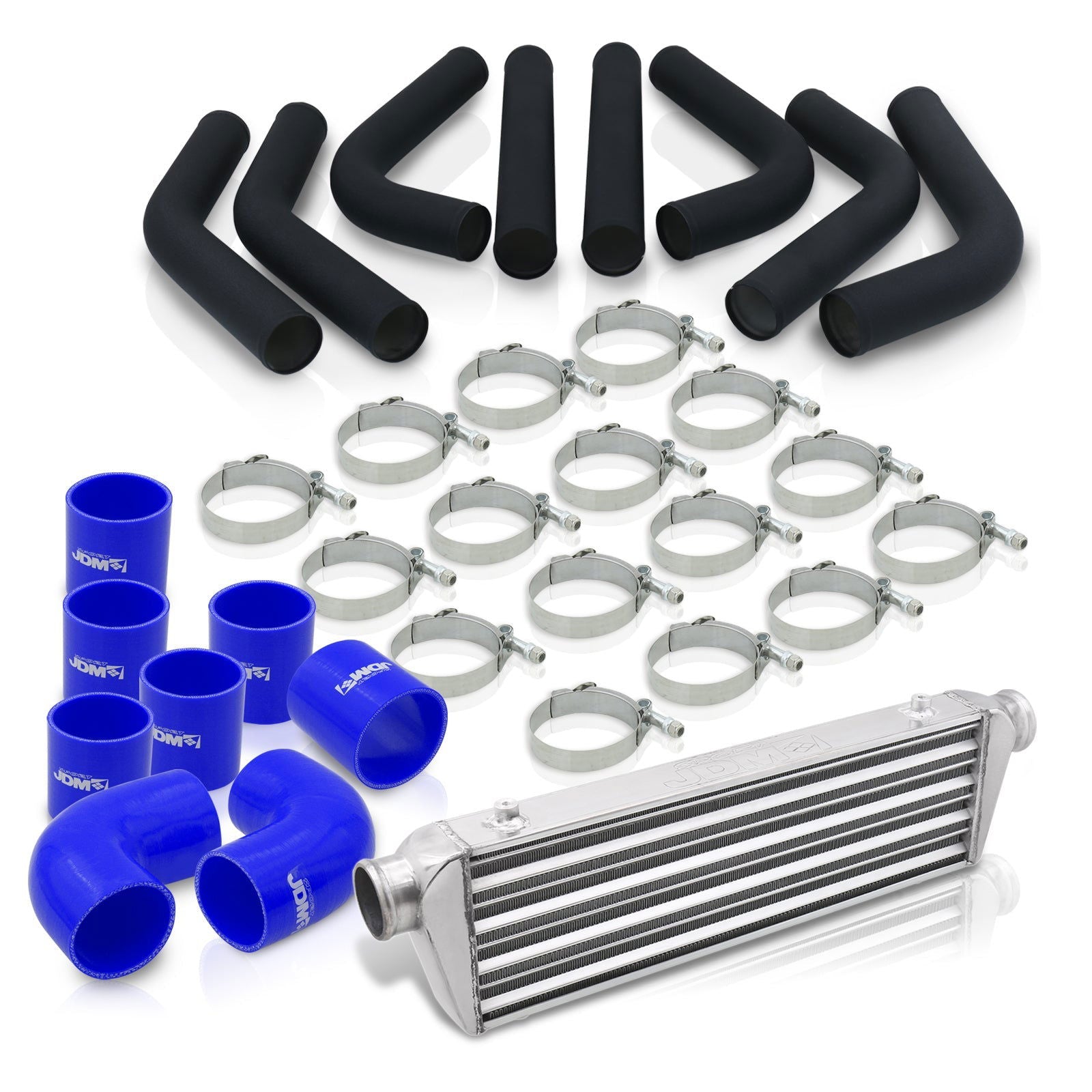 Universal 2.5" 8 Pieces Aluminum Piping Kit Black (x2 Straight / x2 90 Degree / x2 120 Degree / x2 135 Degree) + SIlicone Couplers Blue + Universal Aluminum Intercooler (Tube & Fin | Overall: 27.5" x 7.0" x 2.5" | Core: 21.5" x 7.0" x 2.25") - Parts Agent