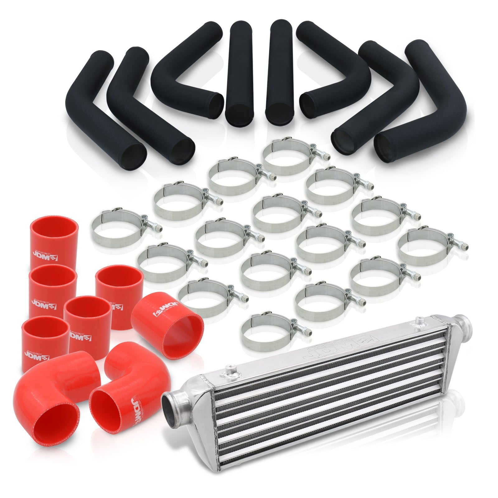 Universal 2.5" 8 Pieces Aluminum Piping Kit Black (x2 Straight / x2 90 Degree / x2 120 Degree / x2 135 Degree) + SIlicone Couplers Red + Universal Aluminum Intercooler (Tube & Fin | Overall: 27.5" x 7.0" x 2.5" | Core: 21.5" x 7.0" x 2.25") - Parts Agent