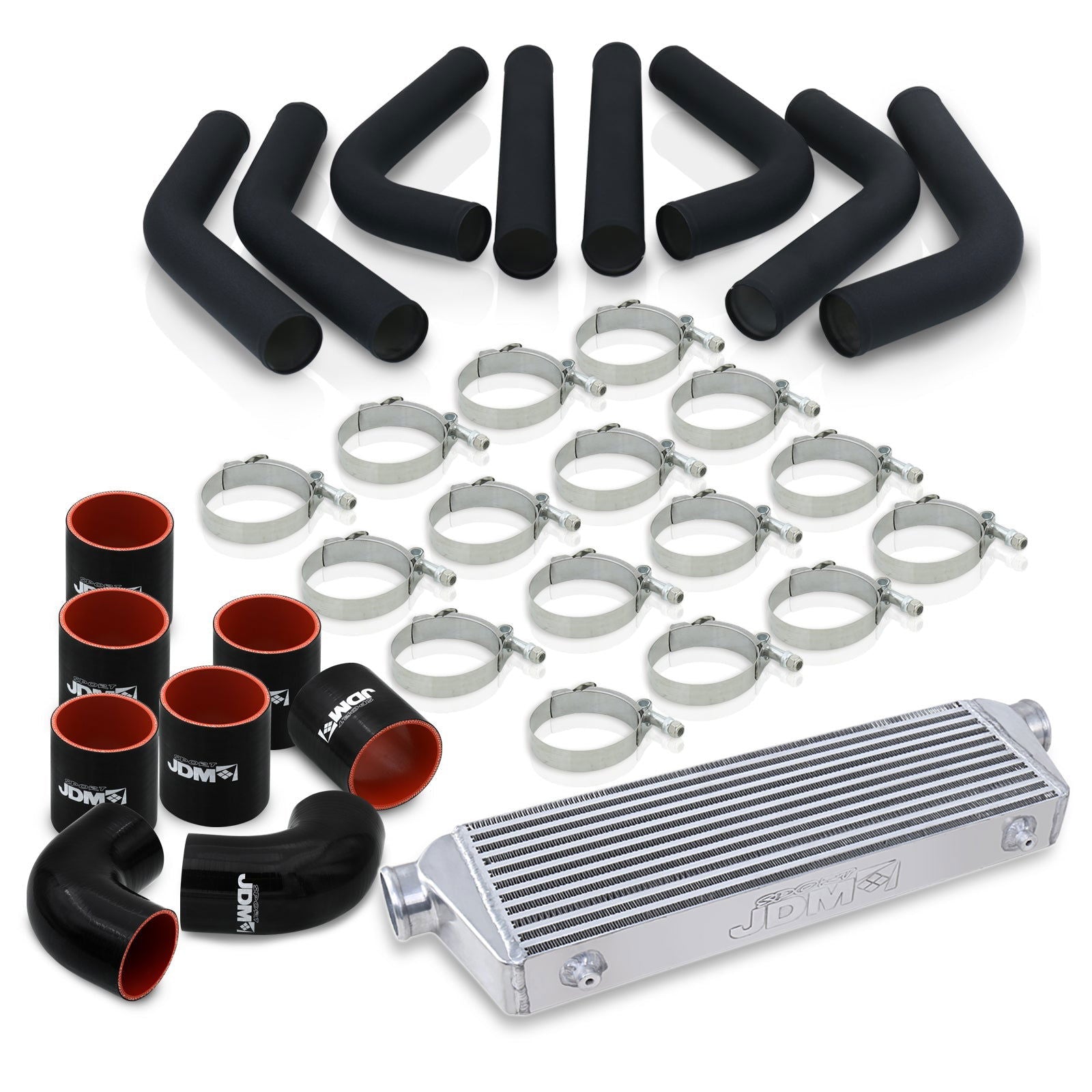 Universal 2.5" 8 Pieces Aluminum Piping Kit Black (x2 Straight / x2 90 Degree / x2 120 Degree / x2 135 Degree) + Silicone Couplers Black + Universal Aluminum Intercooler (Bar & Plate | Overall: 27.5" x 7.0" x 2.5" | Core: 21.5" x 7.0" x 2.25") - Parts Agent