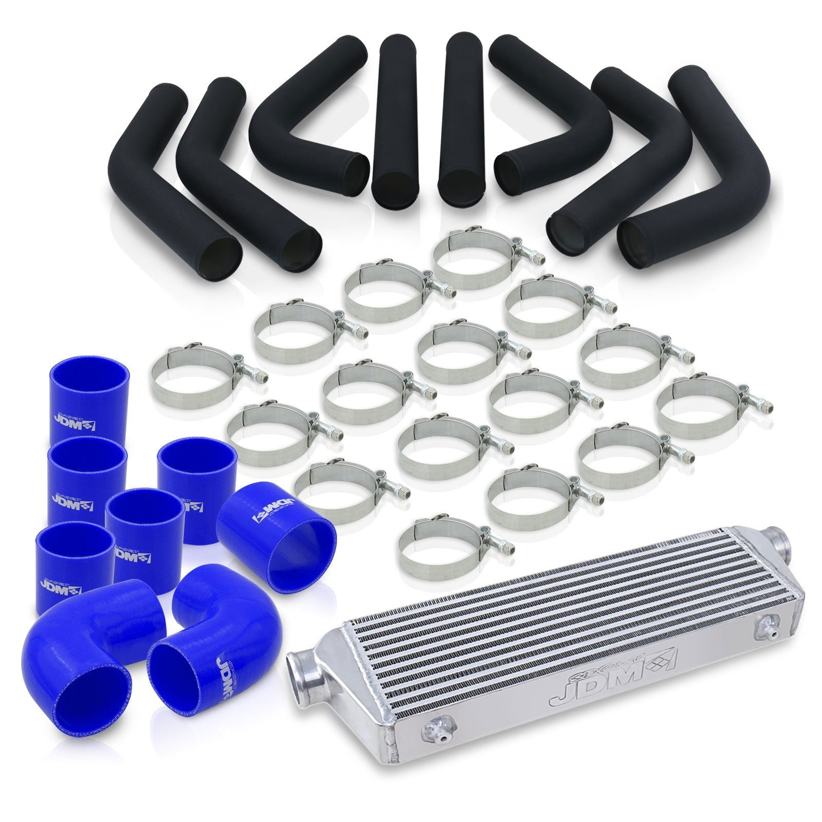 Universal 2.5" 8 Pieces Aluminum Piping Kit Black (x2 Straight / x2 90 Degree / x2 120 Degree / x2 135 Degree) + Silicone Couplers Blue + Universal Aluminum Intercooler (Bar & Plate | Overall: 27.5" x 7.0" x 2.5" | Core: 21.5" x 7.0" x 2.25") - Parts Agent