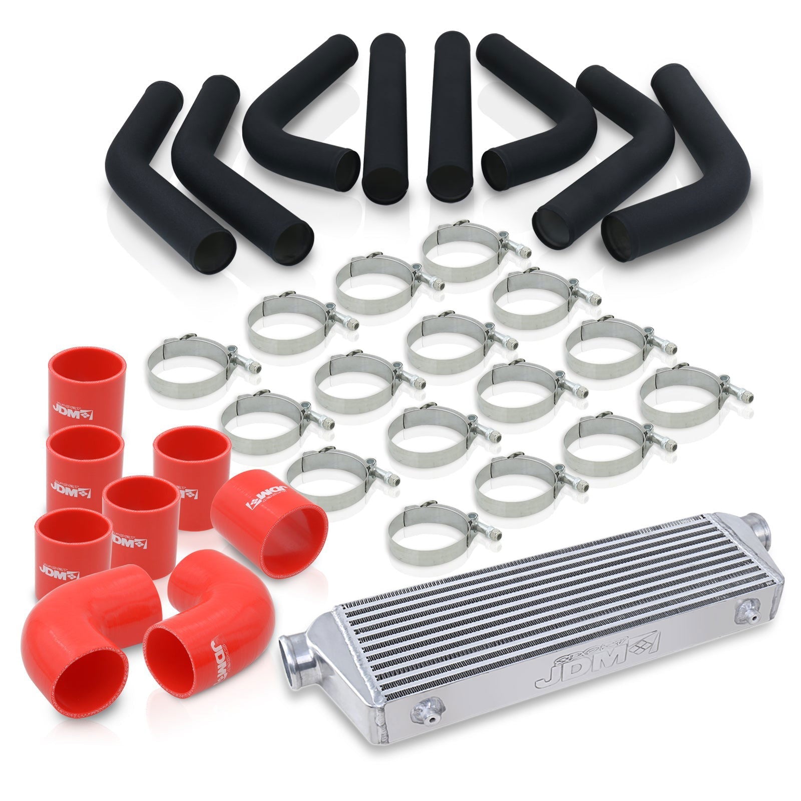 Universal 2.5" 8 Pieces Aluminum Piping Kit Black (x2 Straight / x2 90 Degree / x2 120 Degree / x2 135 Degree) + Silicone Couplers Red + Universal Aluminum Intercooler (Bar & Plate | Overall: 27.5" x 7.0" x 2.5" | Core: 21.5" x 7.0" x 2.25") - Parts Agent